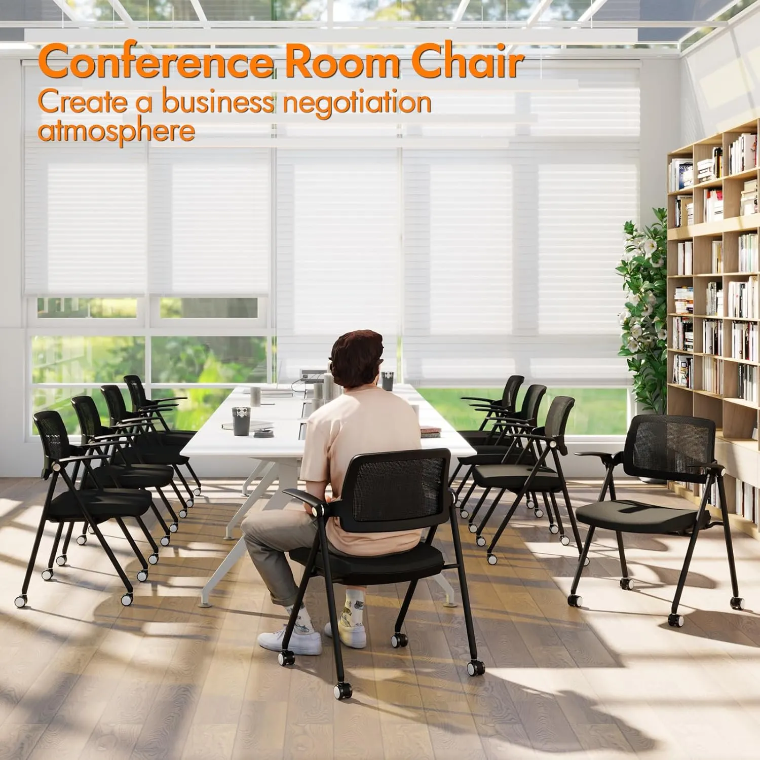 FYLICA Stackable & Foldable Office Chair, Folding Desk Chair with Flip-Up Armrest, Breathable Mesh, Thick Seat Cushion & Rocking Backrest, Conference Room Chair with Wheel (Green，1)