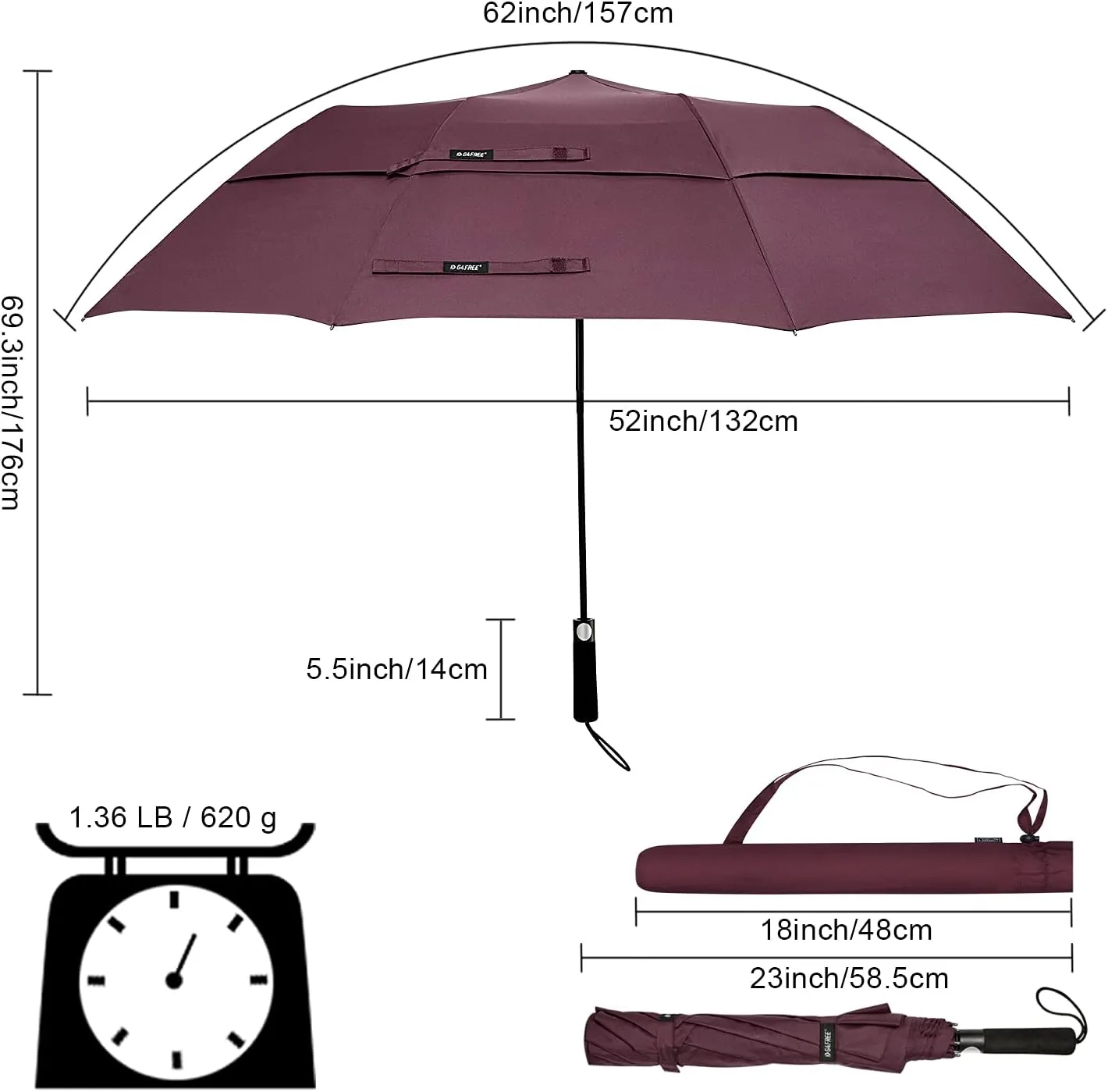 G4Free 62 Inch Portable Golf Umbrella Large Oversize Double Canopy Vented Windproof Waterproof Automatic Open Stick Umbrellas for Men and Women(Wine Red)