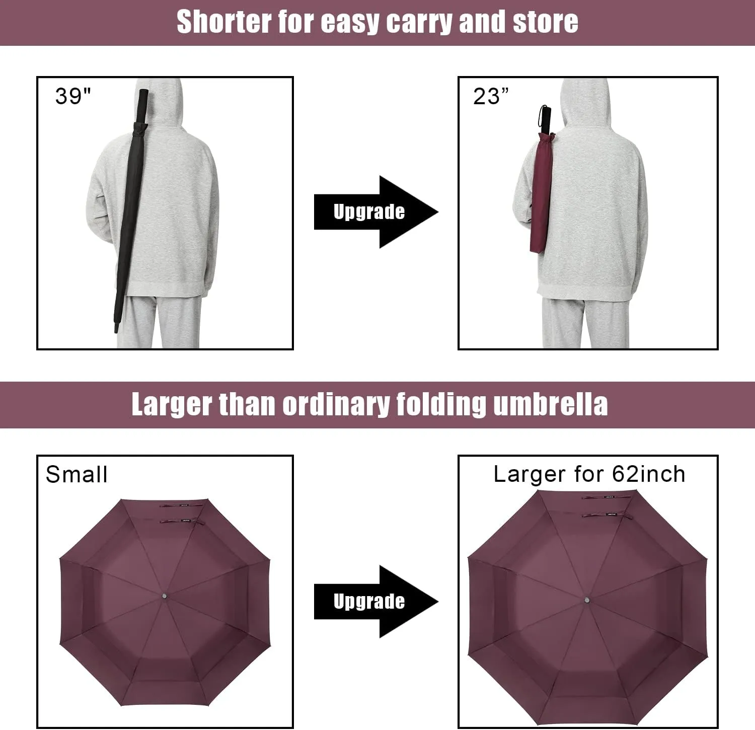 G4Free 62 Inch Portable Golf Umbrella Large Oversize Double Canopy Vented Windproof Waterproof Automatic Open Stick Umbrellas for Men and Women(Wine Red)