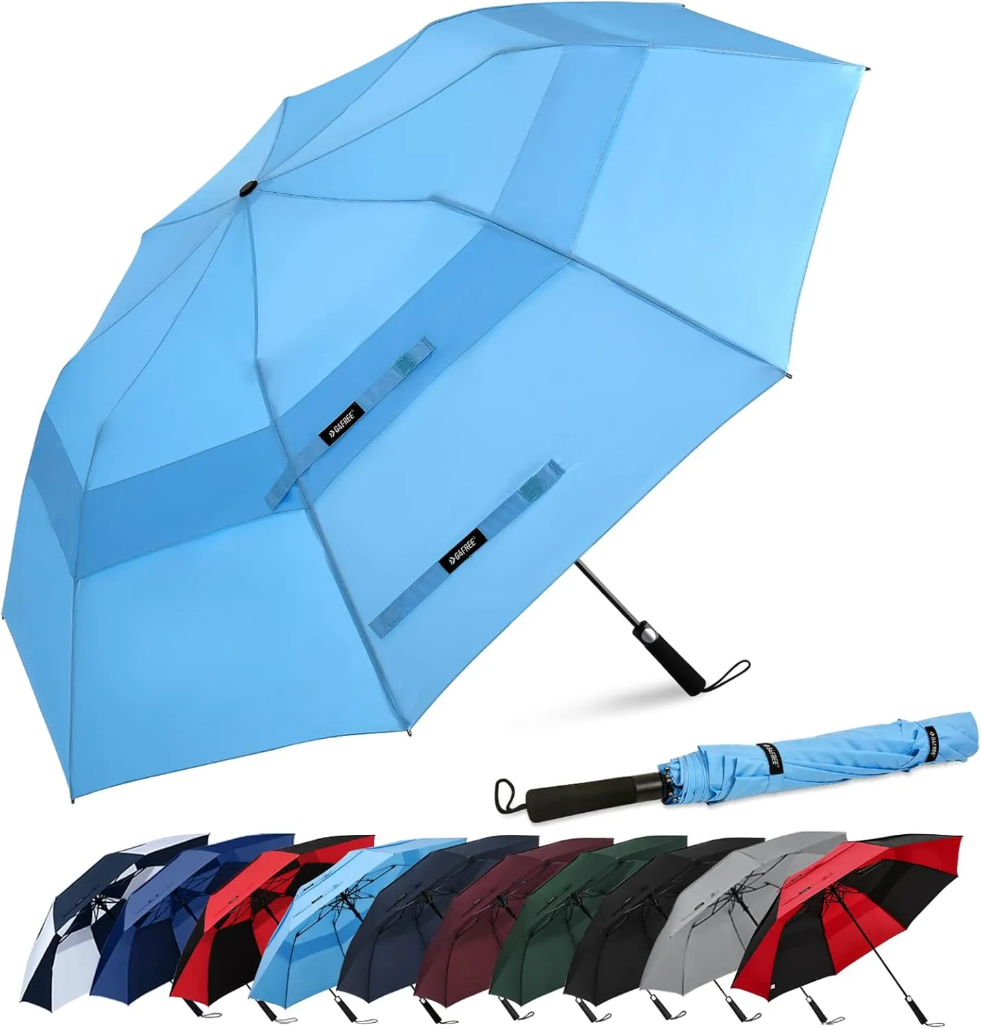 G4Free 62inch Portable Golf Umbrella Automatic Open Large Oversize Vented Double Canopy Windproof Waterproof Sport Umbrellas(Sky Blue)