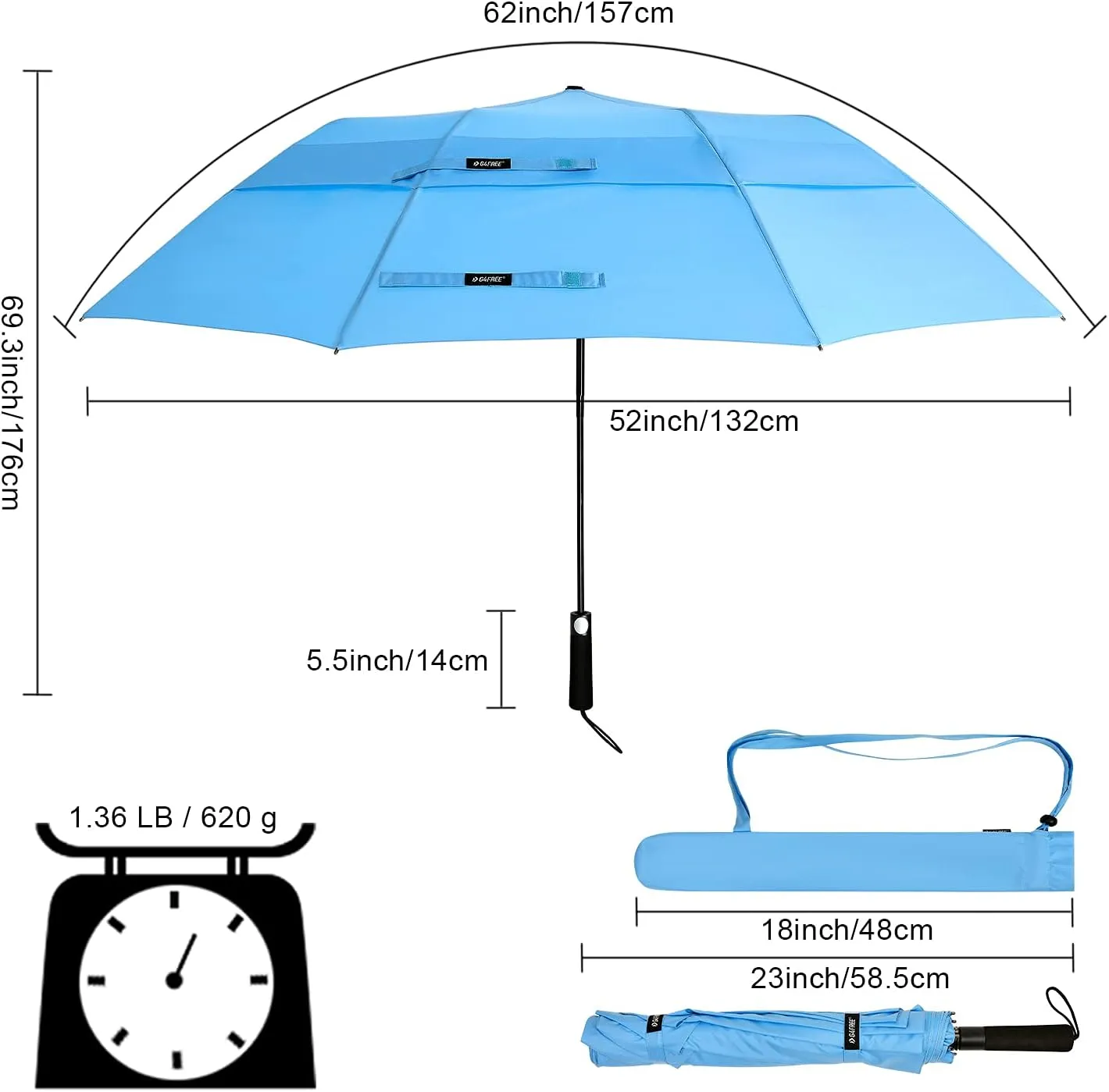 G4Free 62inch Portable Golf Umbrella Automatic Open Large Oversize Vented Double Canopy Windproof Waterproof Sport Umbrellas(Sky Blue)
