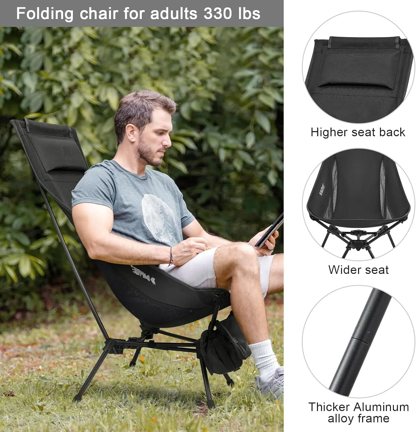 G4Free Folding Lightweight Camp Chair High Back Camping Chair Backpacking Chair Heavy Duty 330lbs with Headrest Pocket Black