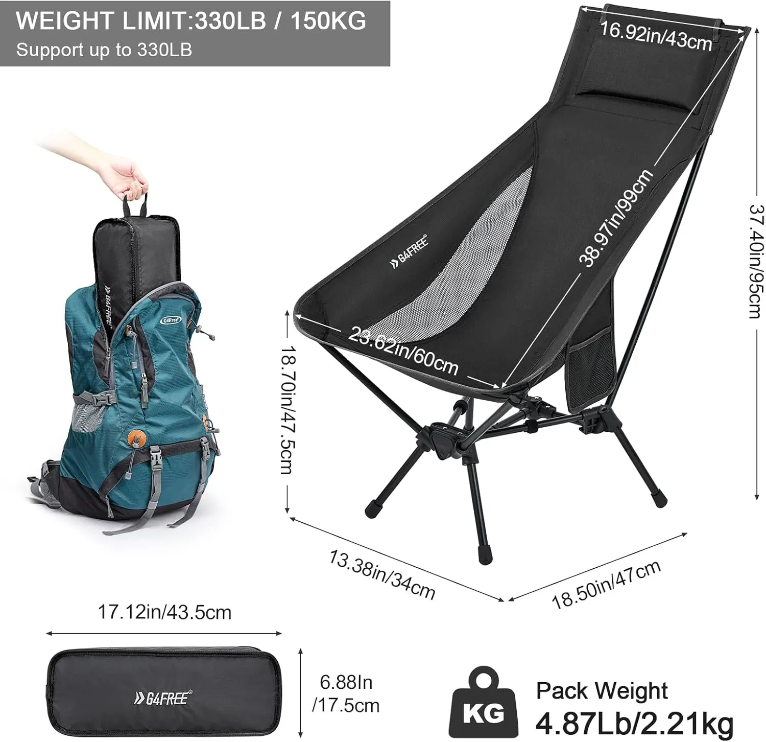 G4Free Folding Lightweight Camp Chair High Back Camping Chair Backpacking Chair Heavy Duty 330lbs with Headrest Pocket Black