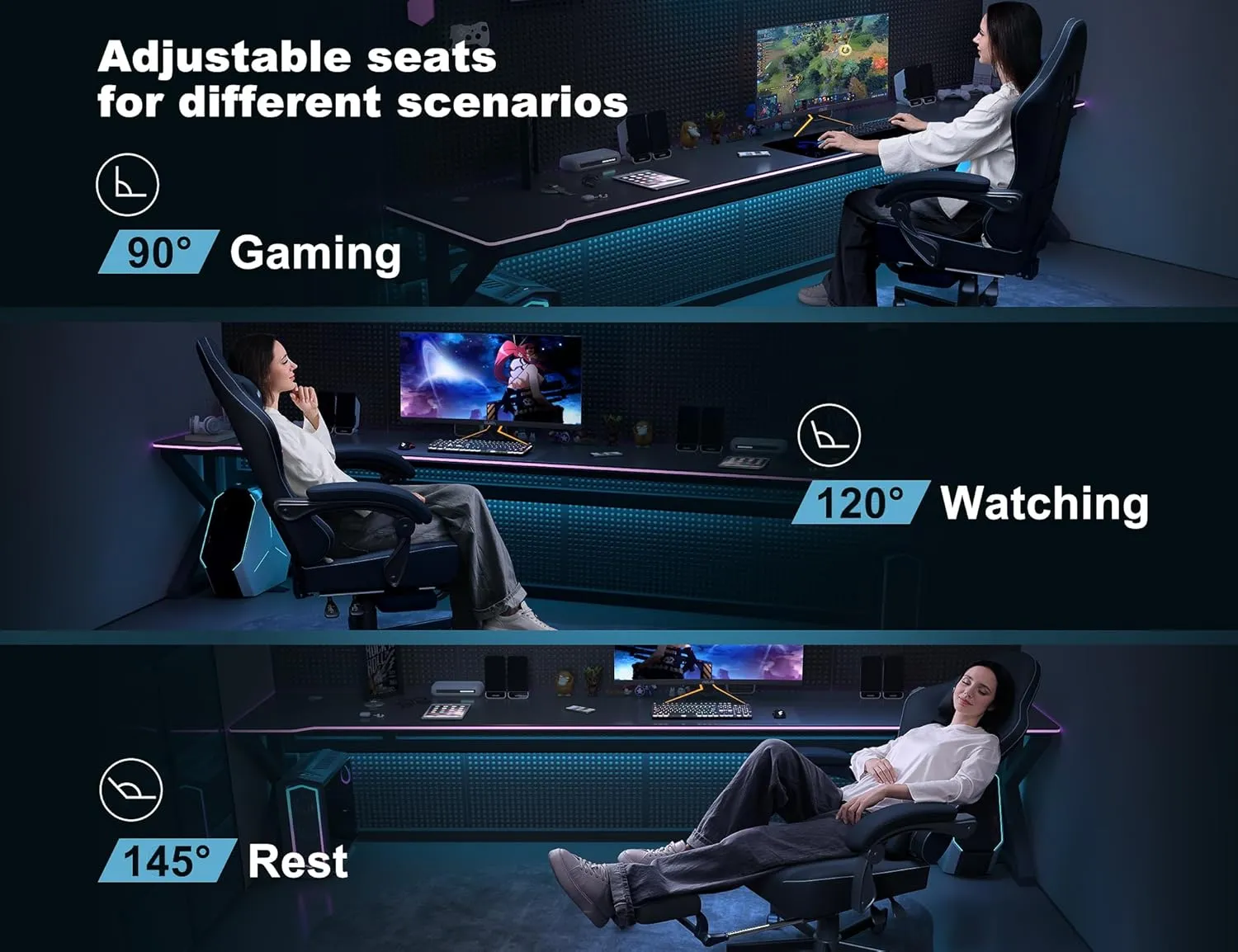 Gaming Chair Breathable Fabric with Pocket Spring Cushion,Wide and High Ergonomic Office Chair with Headrest,Computer Gaming Chair with Footrest for Adult and Teen,Black