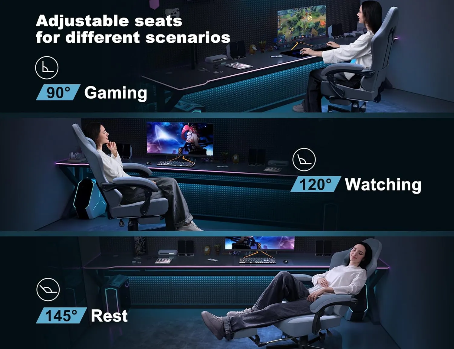 Gaming Chair Breathable Fabric with Pocket Spring Cushion,Wide and High Ergonomic Office Chair with Headrest,Computer Gaming Chair with Footrest for Adult and Teen,Blue
