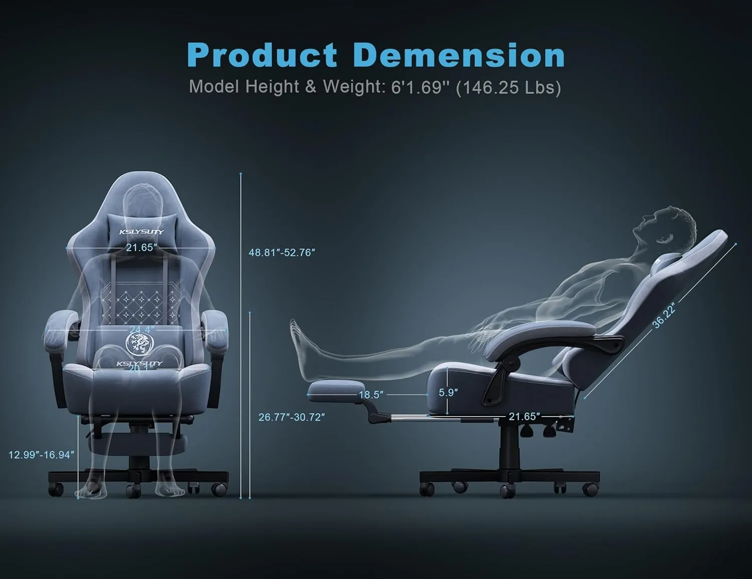 Gaming Chair Breathable Fabric with Pocket Spring Cushion,Wide and High Ergonomic Office Chair with Headrest,Computer Gaming Chair with Footrest for Adult and Teen,Blue