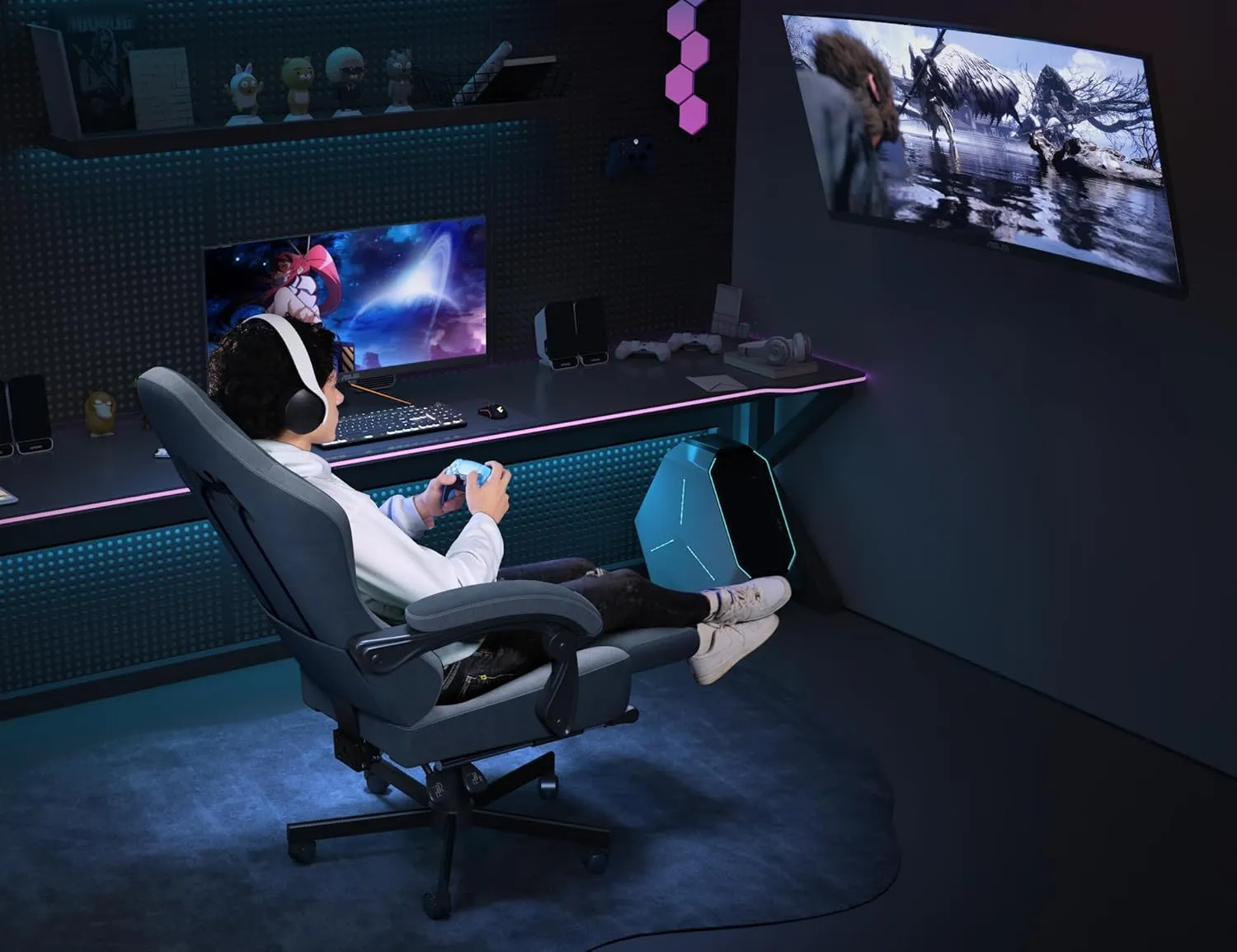 Gaming Chair Breathable Fabric with Pocket Spring Cushion,Wide and High Ergonomic Office Chair with Headrest,Computer Gaming Chair with Footrest for Adult and Teen,Blue