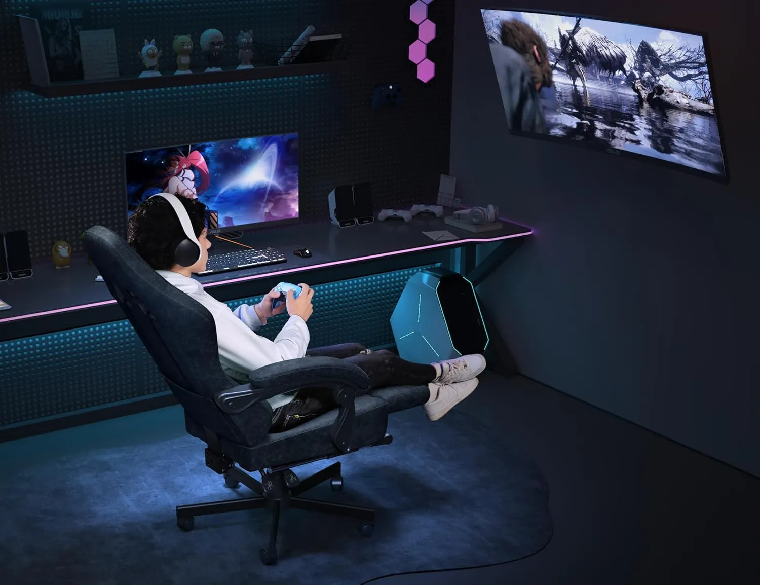 Gaming Chair Breathable Leather with Pocket Spring Cushion,Wide and High Ergonomic Office Chair with Headrest,Computer Gaming Chair with Footrest for Adult and Teen,Grey