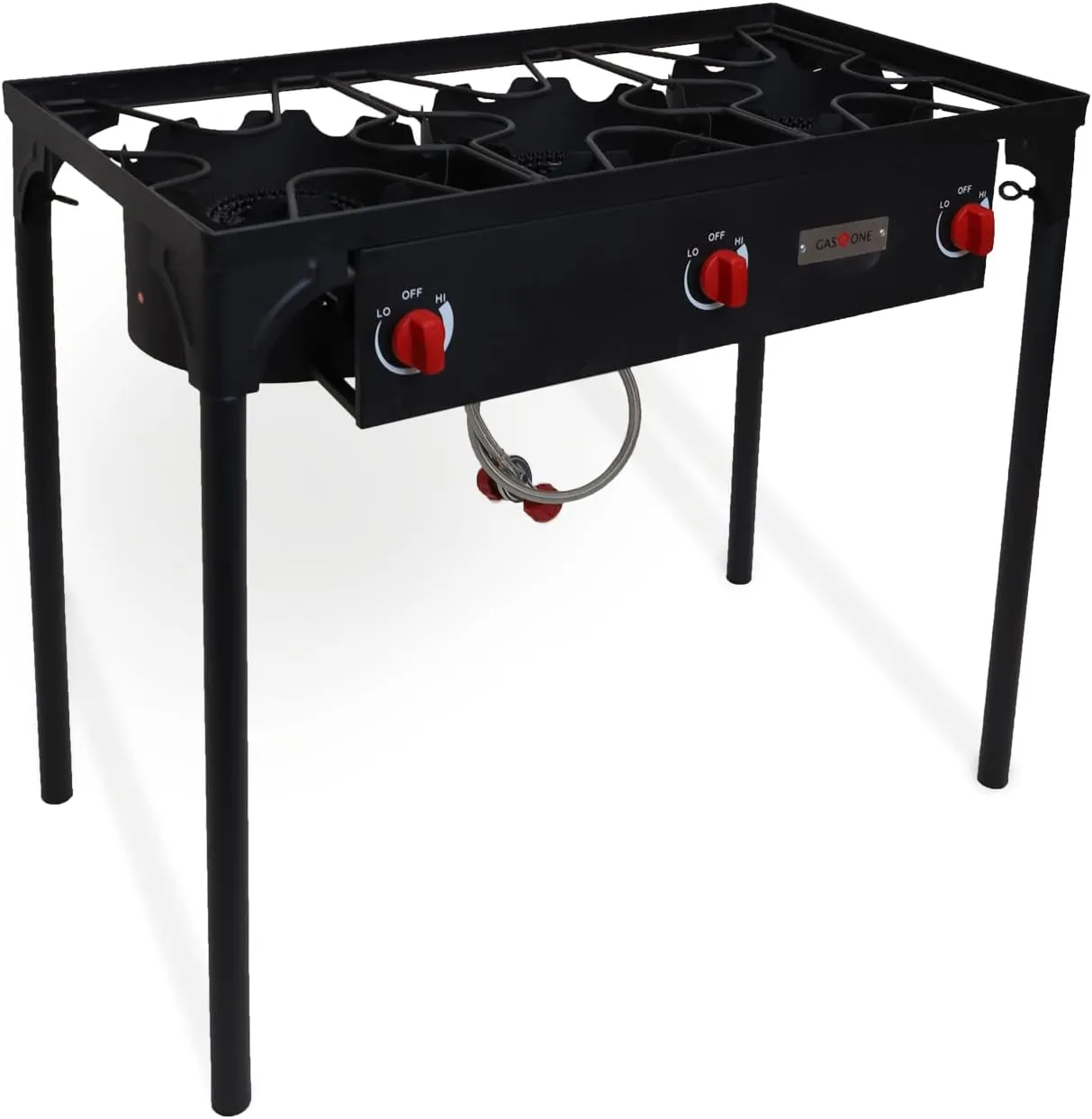 Gas One Outdoor Triple High pressure Burner with Stand Stove Propane Gas Cooker With Adjustable High Pressure Regulator and Hose, Black (B-6565)
