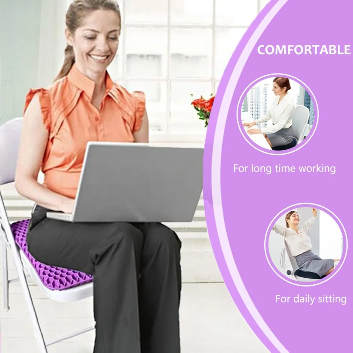 Gel Seat Cushion, Egg Seat Cushion Wheelchair Cushion with Non-Slip Cover, Breathable Chair Pads Honeycomb Design Absorbs Pressure Points for Car Office Chair Wheelchair (Violet)