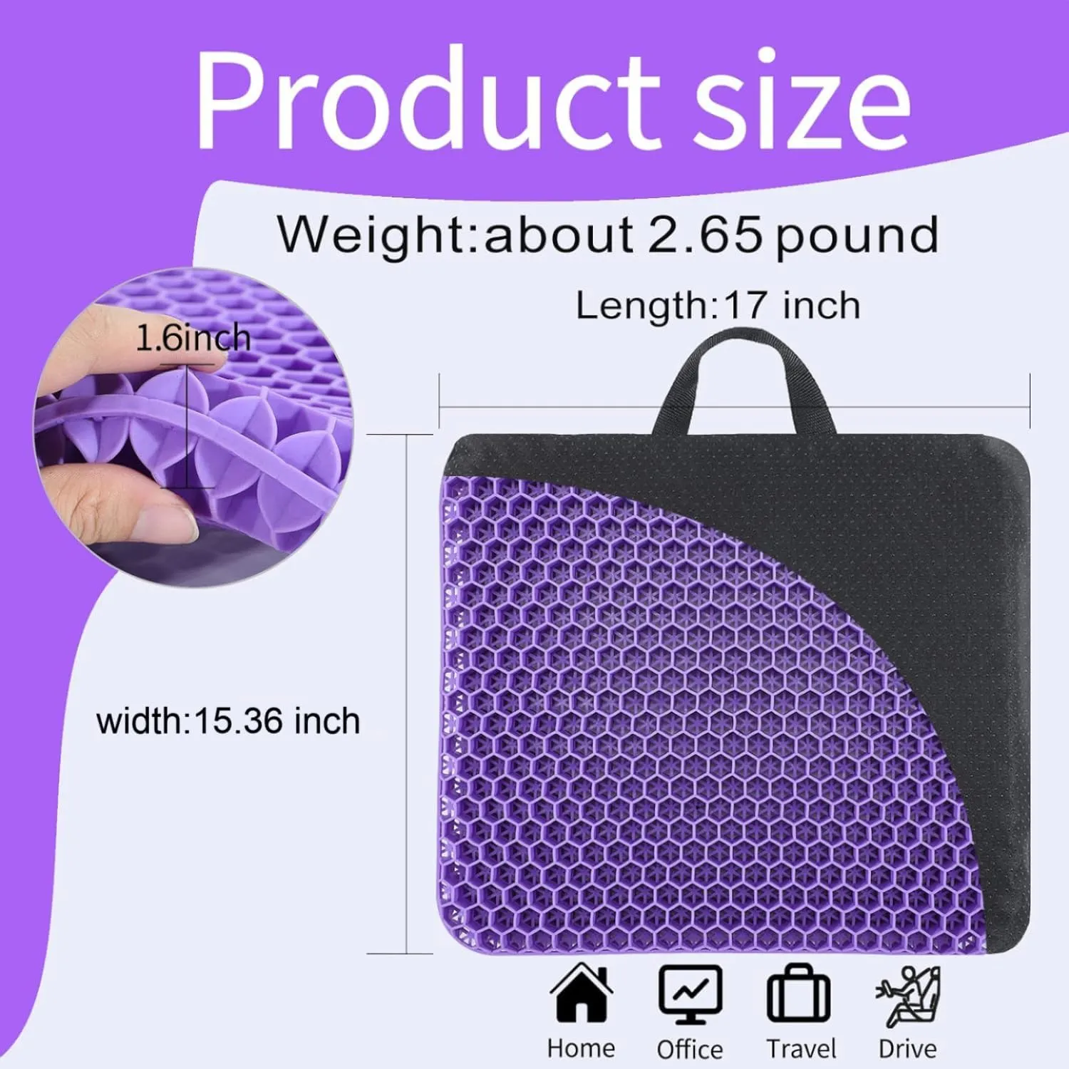 Gel Seat Cushion, for Long Sitting -Double Thick Gel Seat Cushion Breathable Honeycomb Chair Cushion with Non-Slip Cover for Office Chair Car, Wheelchair, Long Trips,Relief Sciatica Pain