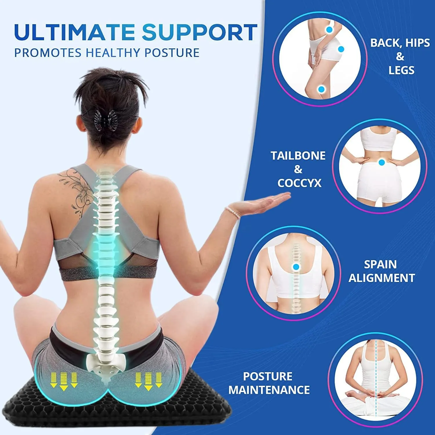 Gel Wheelchair Seat Cushion for Long Sitting - Cooling Office Chair Cushion for Sciatica, Back, Pressure Sore, Tailbone Pain Relief - Soft & Breathable Butt Pillow with Non-Slip Cover for Wheelchair