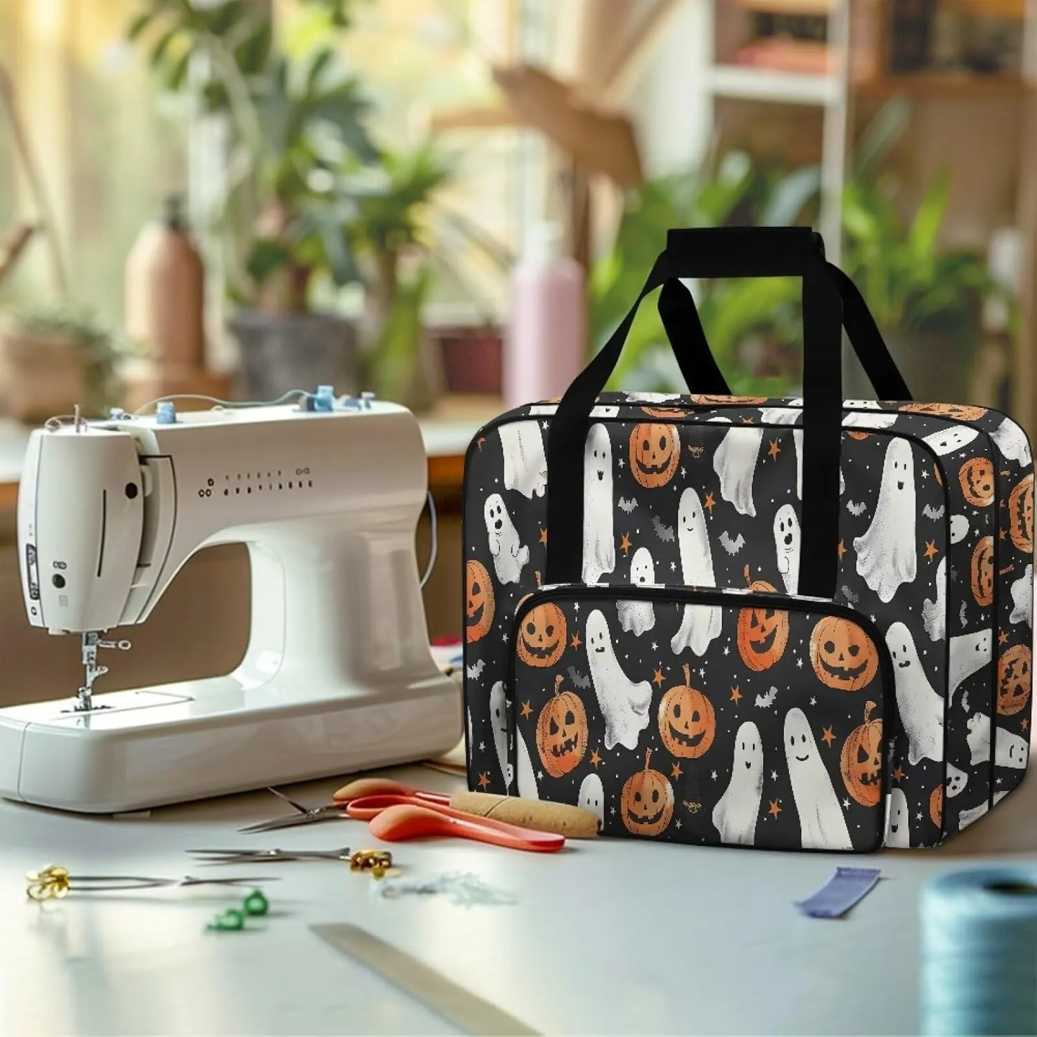 Ghost Jack-O'-Lantern Sewing Machine Tote Bag Universal Sewing Machine Carrier Protector Travel Bag Organizer Portable Halloween Sewing Box Storage Bag Fits for Most Sewing Machines