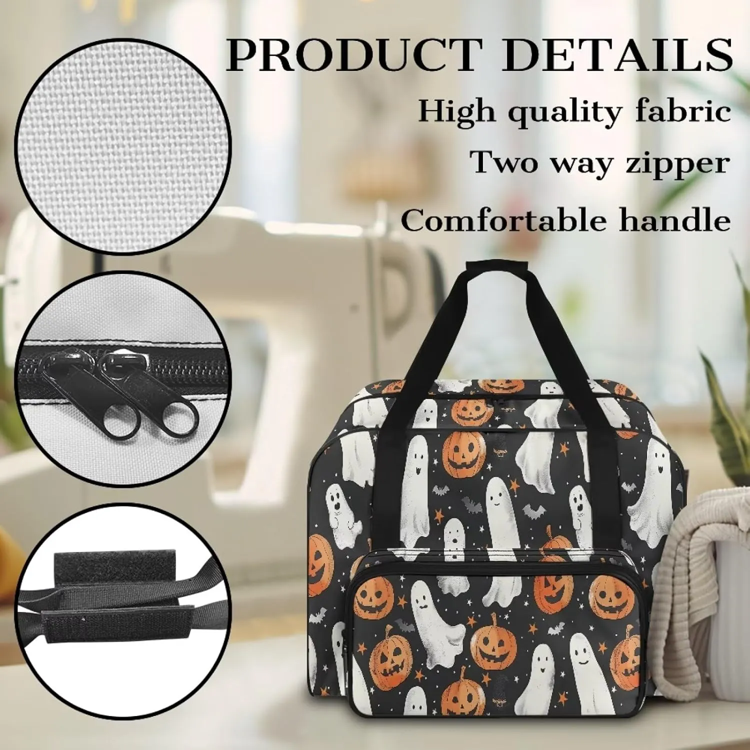 Ghost Jack-O'-Lantern Sewing Machine Tote Bag Universal Sewing Machine Carrier Protector Travel Bag Organizer Portable Halloween Sewing Box Storage Bag Fits for Most Sewing Machines