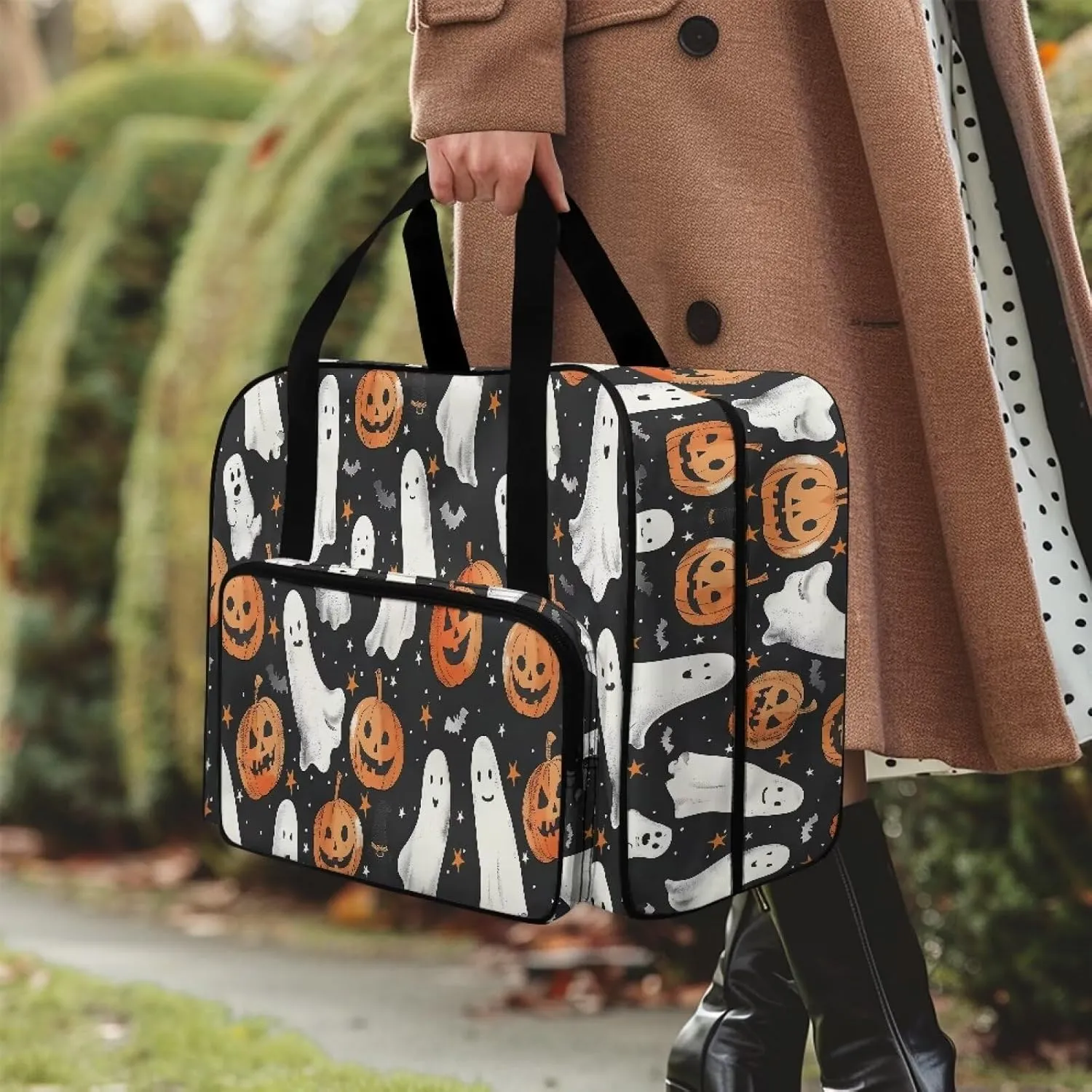 Ghost Jack-O'-Lantern Sewing Machine Tote Bag Universal Sewing Machine Carrier Protector Travel Bag Organizer Portable Halloween Sewing Box Storage Bag Fits for Most Sewing Machines
