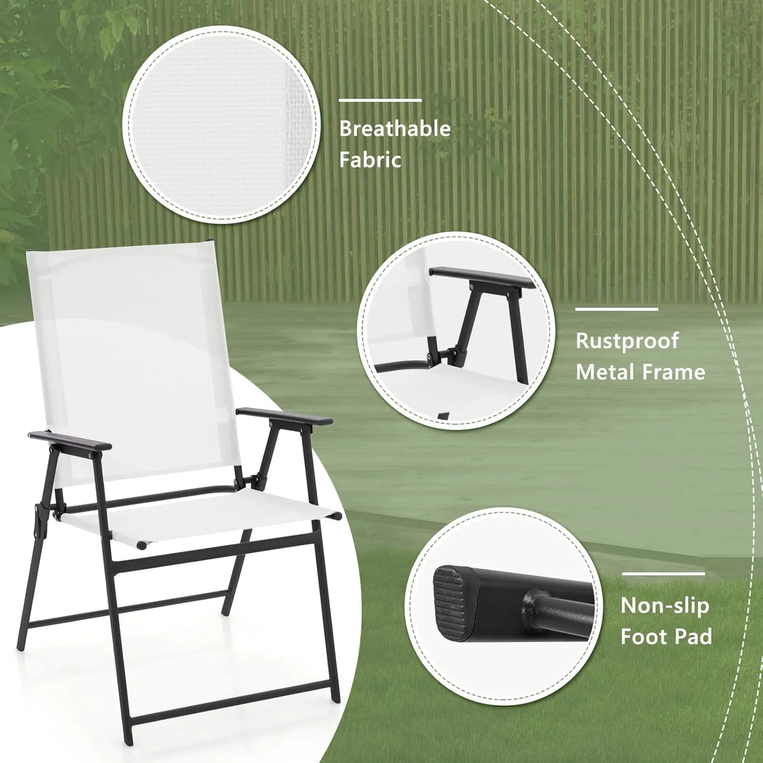 Giantex Patio Folding Chairs Set of 4, Outdoor Lawn Chairs with Rustproof Metal Frame, Portable Dining Chairs for Porch, Deck, Garden, Backyard, Camping, White