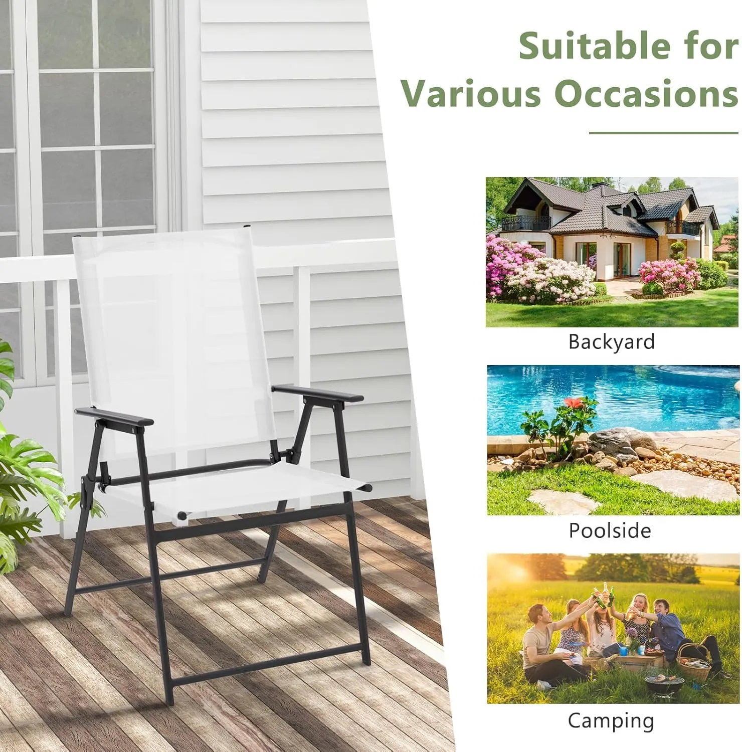 Giantex Patio Folding Chairs Set of 4, Outdoor Lawn Chairs with Rustproof Metal Frame, Portable Dining Chairs for Porch, Deck, Garden, Backyard, Camping, White