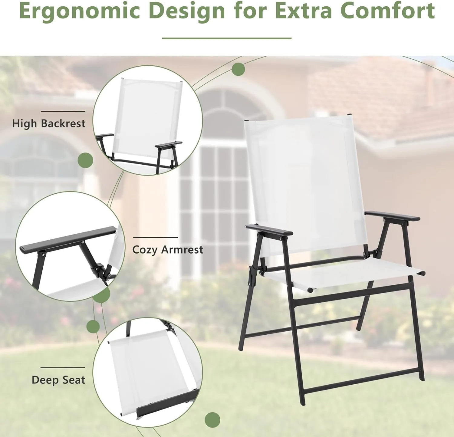 Giantex Patio Folding Chairs Set of 4, Outdoor Lawn Chairs with Rustproof Metal Frame, Portable Dining Chairs for Porch, Deck, Garden, Backyard, Camping, White