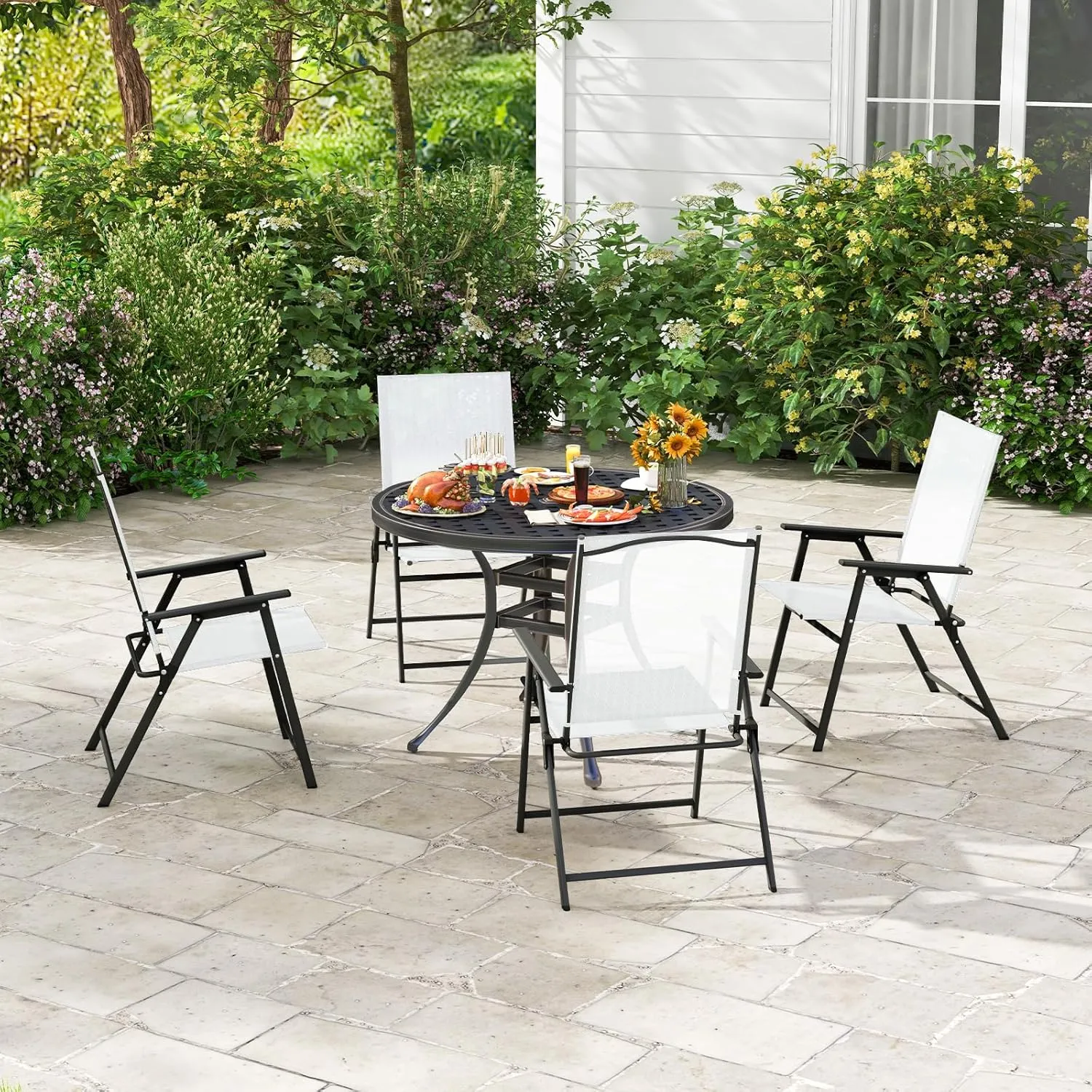 Giantex Patio Folding Chairs Set of 4, Outdoor Lawn Chairs with Rustproof Metal Frame, Portable Dining Chairs for Porch, Deck, Garden, Backyard, Camping, White