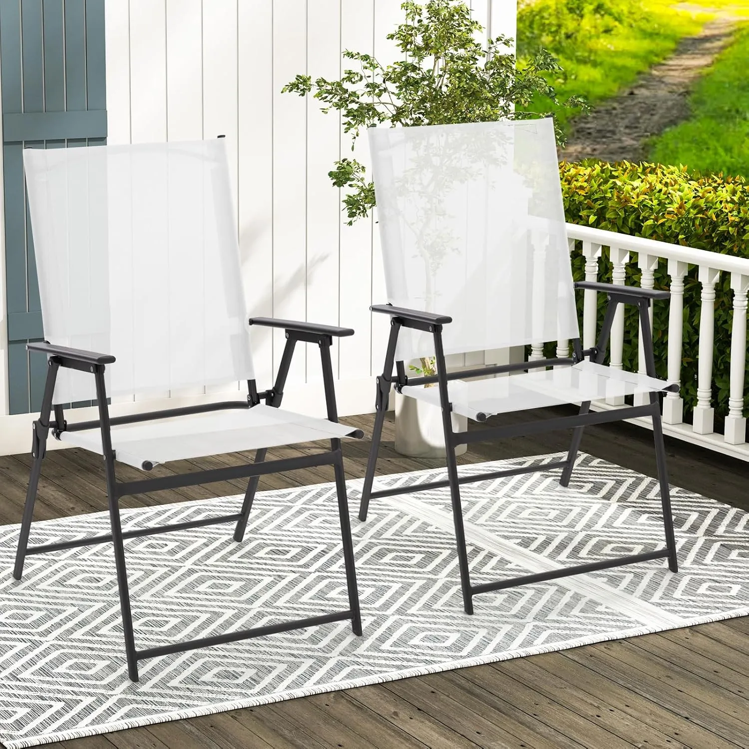 Giantex Patio Folding Chairs Set of 4, Outdoor Lawn Chairs with Rustproof Metal Frame, Portable Dining Chairs for Porch, Deck, Garden, Backyard, Camping, White