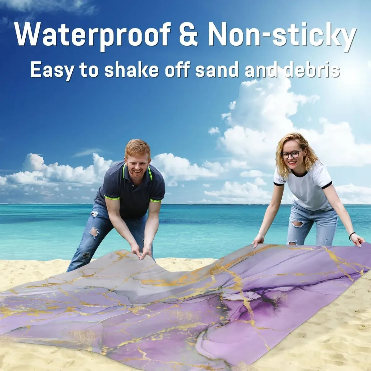 Gold Marble Beach Blanket, Sandproof Beach Mat, 68 x 59 Waterproof Quick Drying Sand Free Mat with 4 x Ground Spikes for Outdoor Travel Camping Hiking, Marble Texture