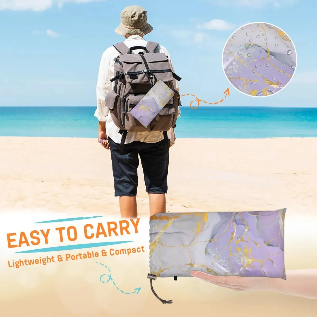 Gold Marble Beach Blanket, Sandproof Beach Mat, 68 x 59 Waterproof Quick Drying Sand Free Mat with 4 x Ground Spikes for Outdoor Travel Camping Hiking, Marble Texture