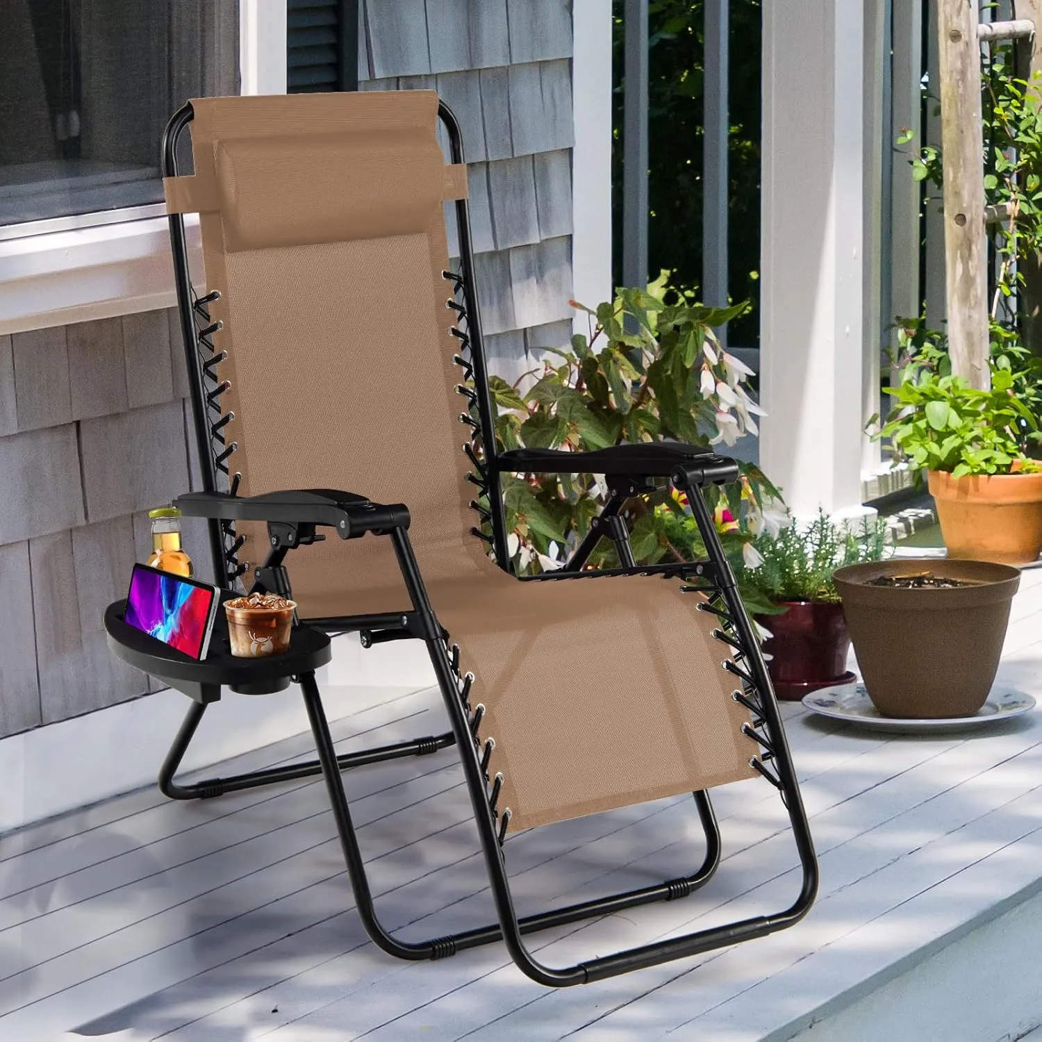 Goplus Zero Gravity Lounge Chairs, 160°Adjustable Folding Recliner w/Pillow and Cup Holder, 350LBS Comfy Outdoor Lounge Chairs for Patio, Lawn, Yard & Camp(1, Beige)