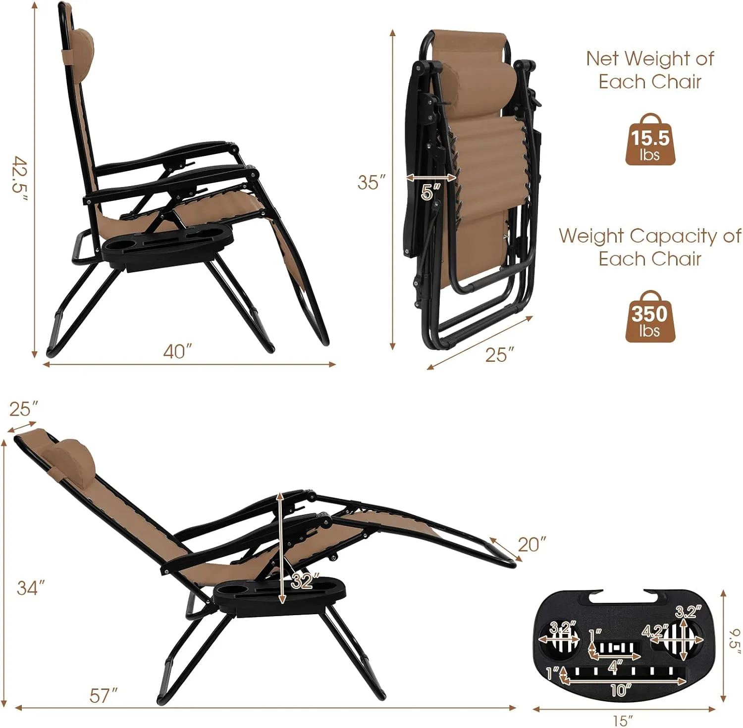 Goplus Zero Gravity Lounge Chairs, 160°Adjustable Folding Recliner w/Pillow and Cup Holder, 350LBS Comfy Outdoor Lounge Chairs for Patio, Lawn, Yard & Camp(1, Beige)