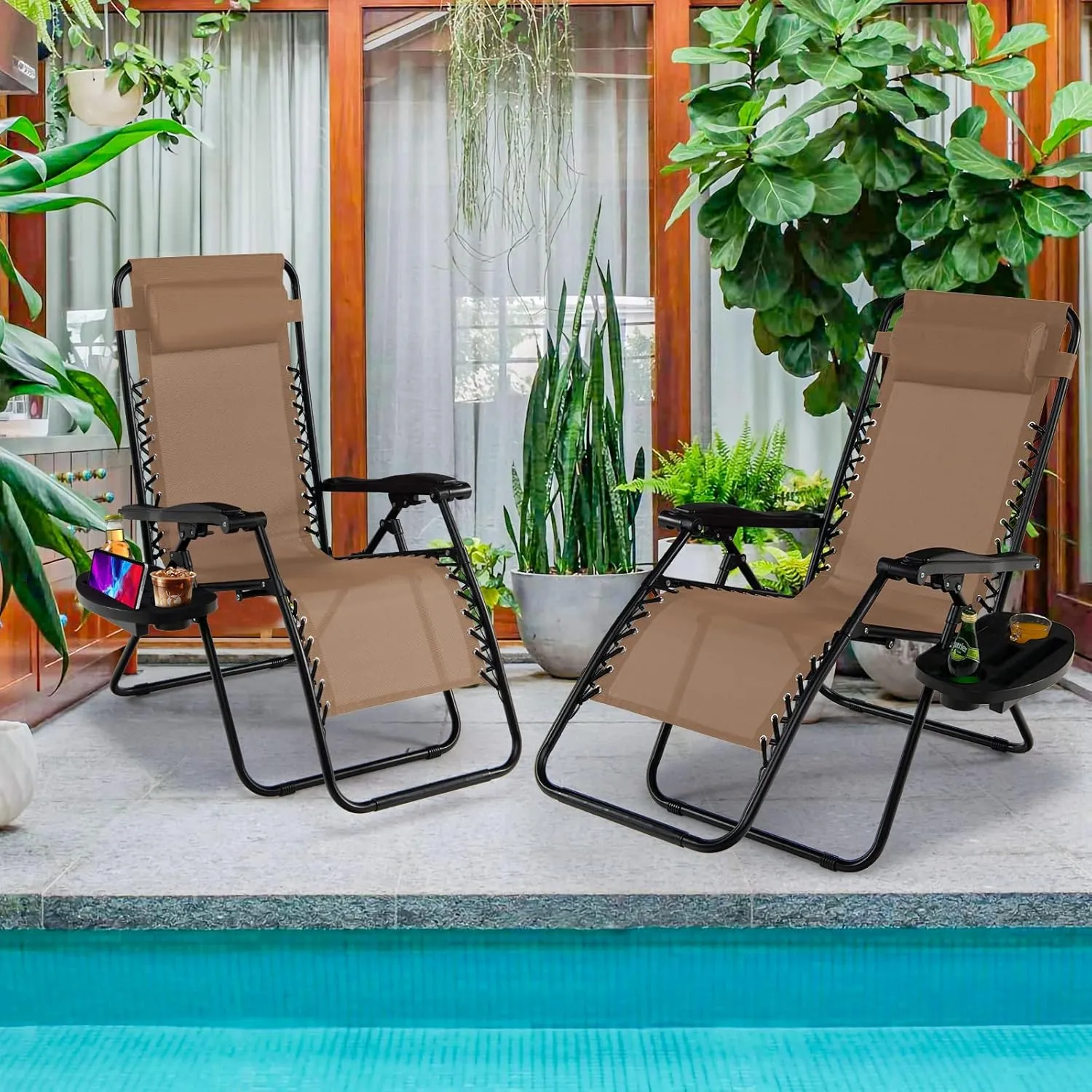Goplus Zero Gravity Lounge Chairs, 160°Adjustable Folding Recliner w/Pillow and Cup Holder, 350LBS Comfy Outdoor Lounge Chairs for Patio, Lawn, Yard & Camp(1, Beige)