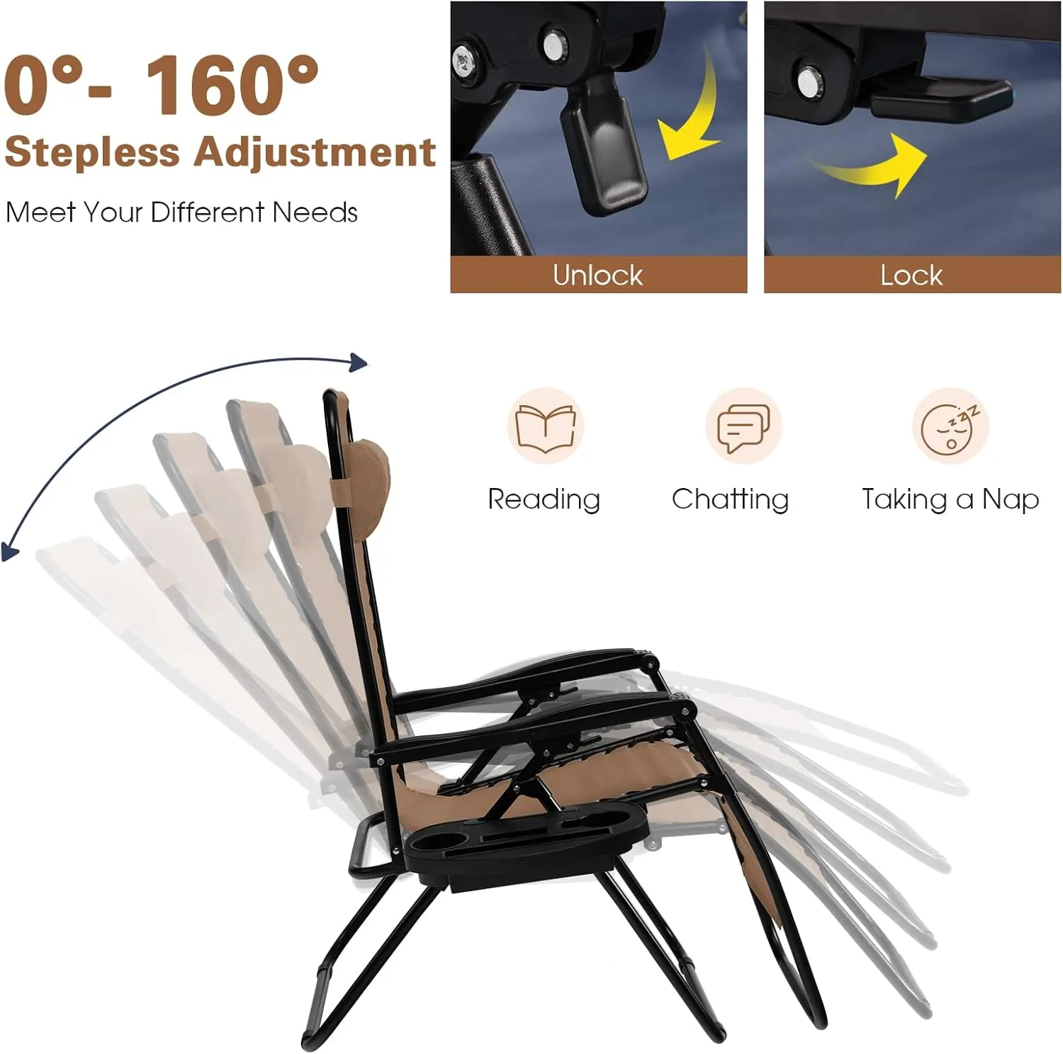Goplus Zero Gravity Lounge Chairs, 160°Adjustable Folding Recliner w/Pillow and Cup Holder, 350LBS Comfy Outdoor Lounge Chairs for Patio, Lawn, Yard & Camp(1, Beige)