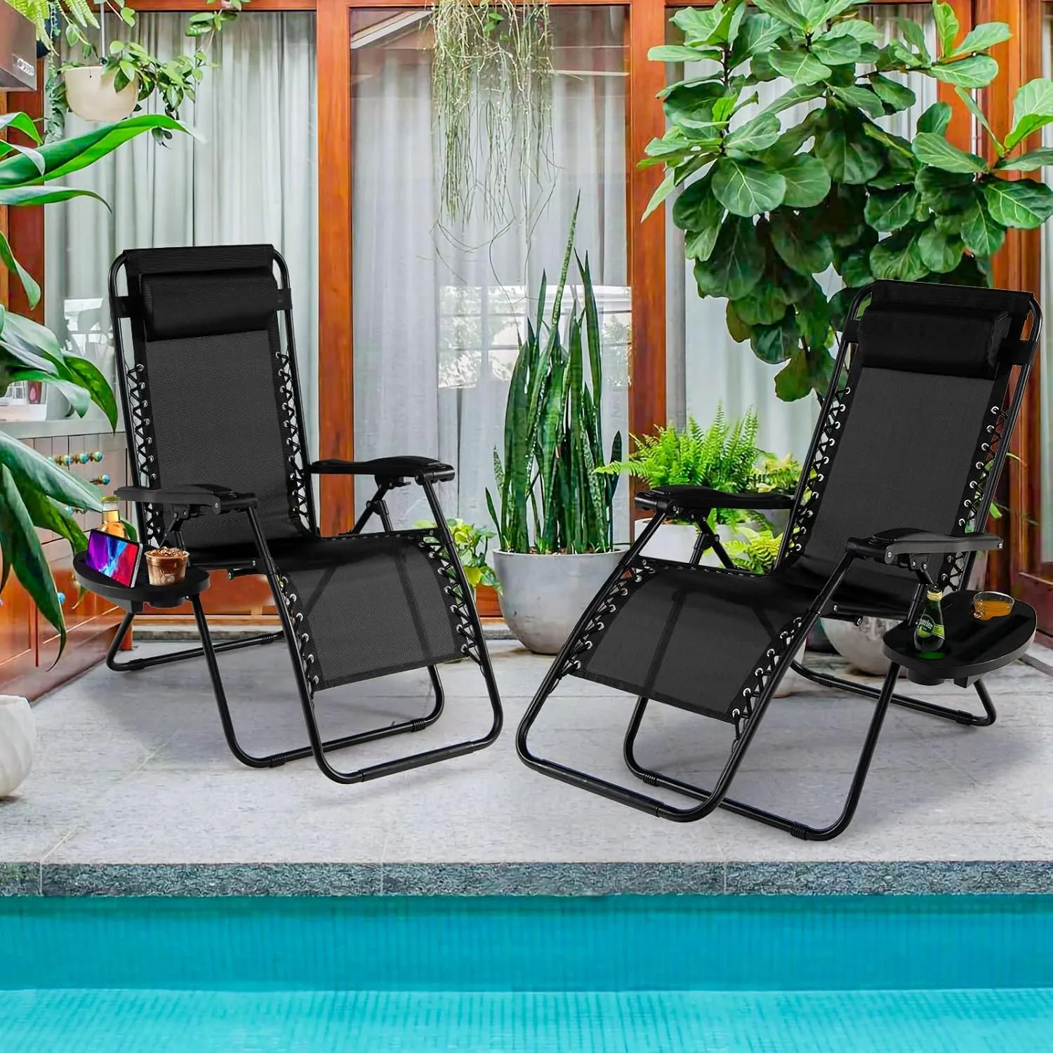 Goplus Zero Gravity Lounge Chairs, 160°Adjustable Folding Recliner w/Pillow and Cup Holder, 350LBS Comfy Outdoor Lounge Chairs for Patio, Lawn, Yard & Camp(1, Black)