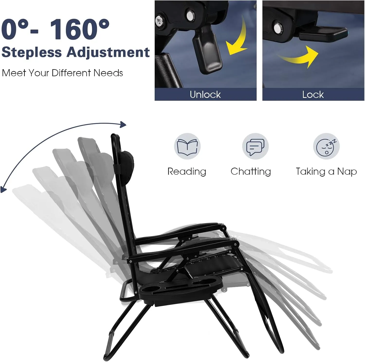 Goplus Zero Gravity Lounge Chairs, 160°Adjustable Folding Recliner w/Pillow and Cup Holder, 350LBS Comfy Outdoor Lounge Chairs for Patio, Lawn, Yard & Camp(1, Black)