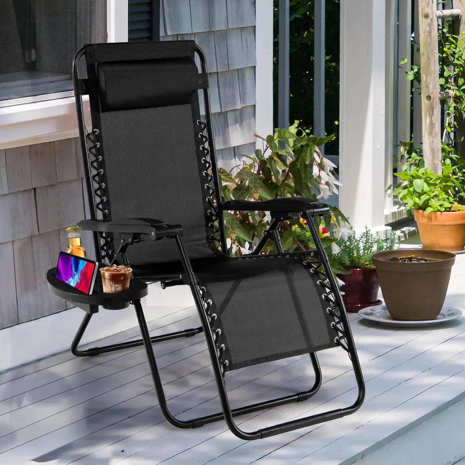 Goplus Zero Gravity Lounge Chairs, 160°Adjustable Folding Recliner w/Pillow and Cup Holder, 350LBS Comfy Outdoor Lounge Chairs for Patio, Lawn, Yard & Camp(1, Black)