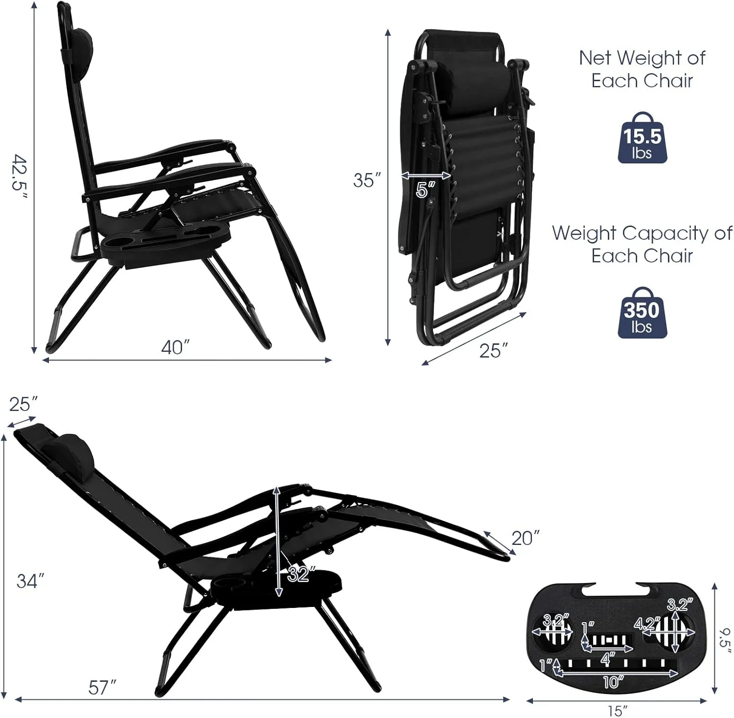 Goplus Zero Gravity Lounge Chairs, 160°Adjustable Folding Recliner w/Pillow and Cup Holder, 350LBS Comfy Outdoor Lounge Chairs for Patio, Lawn, Yard & Camp(1, Black)
