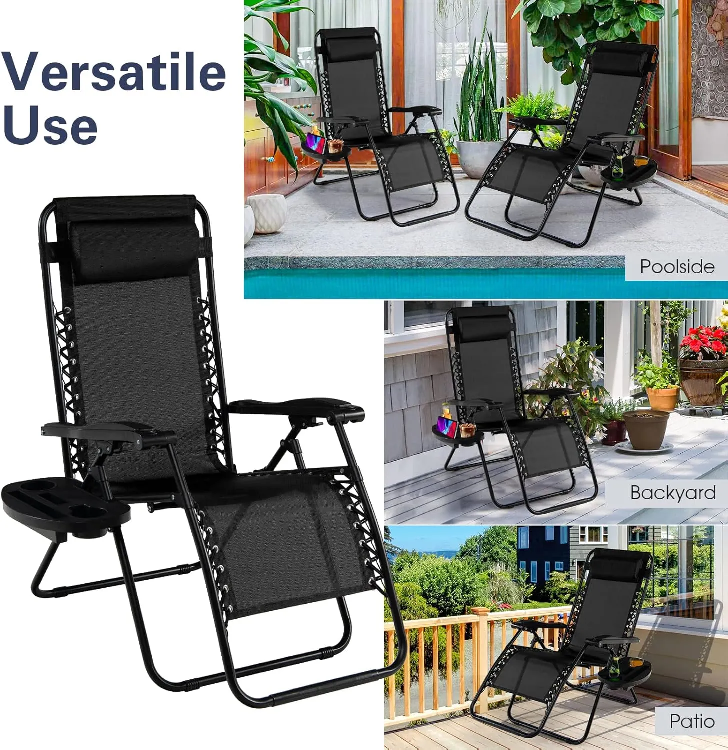 Goplus Zero Gravity Lounge Chairs, 160°Adjustable Folding Recliner w/Pillow and Cup Holder, 350LBS Comfy Outdoor Lounge Chairs for Patio, Lawn, Yard & Camp(1, Black)