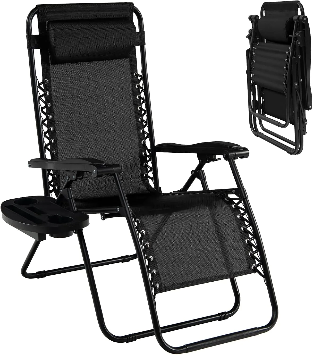 Goplus Zero Gravity Lounge Chairs, 160°Adjustable Folding Recliner w/Pillow and Cup Holder, 350LBS Comfy Outdoor Lounge Chairs for Patio, Lawn, Yard & Camp(1, Black)
