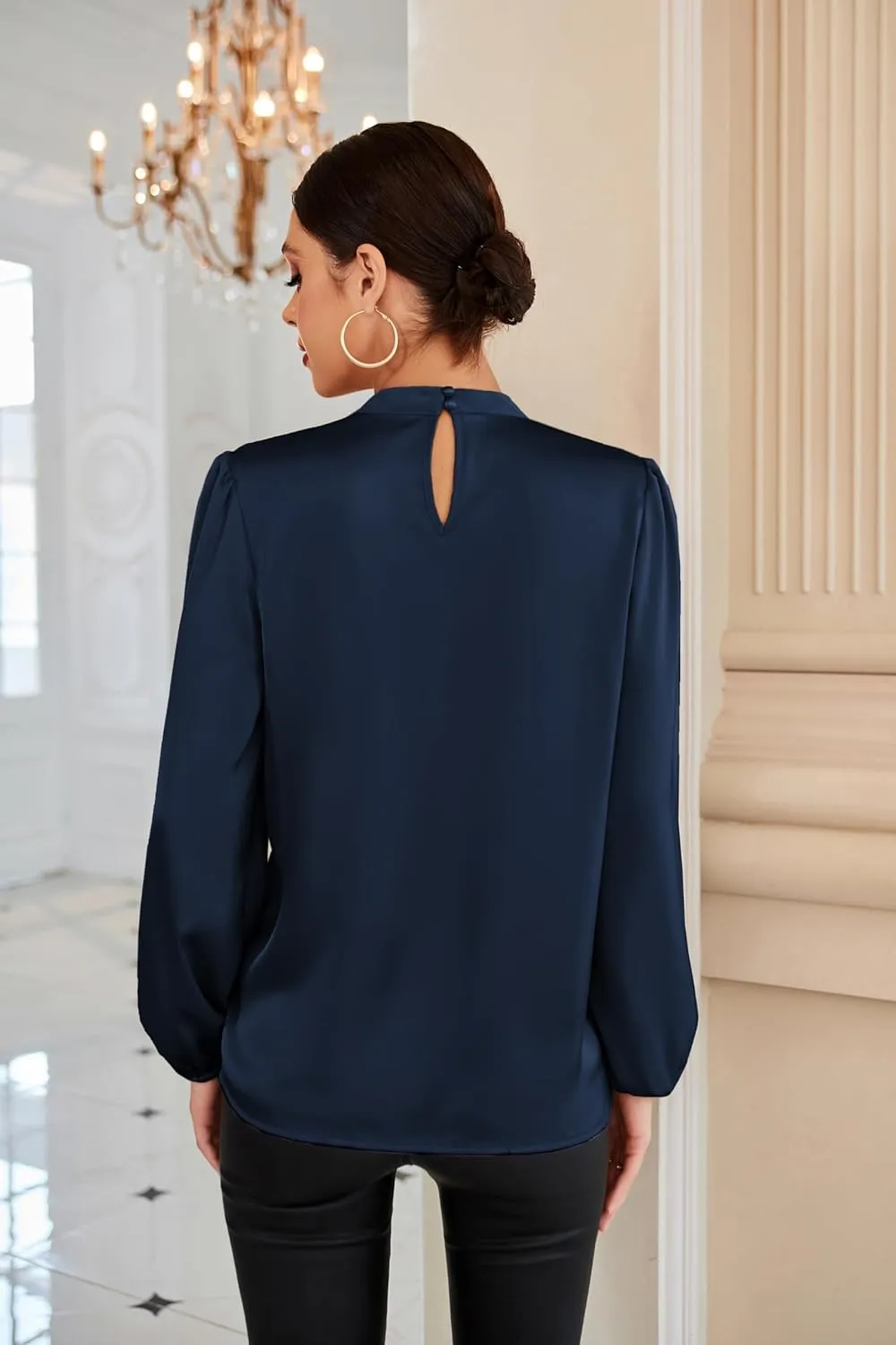 GRACE KARIN Women's Long Sleeve Shirts Mock Neck Casual Satin Blouse Tops for Business Office Work