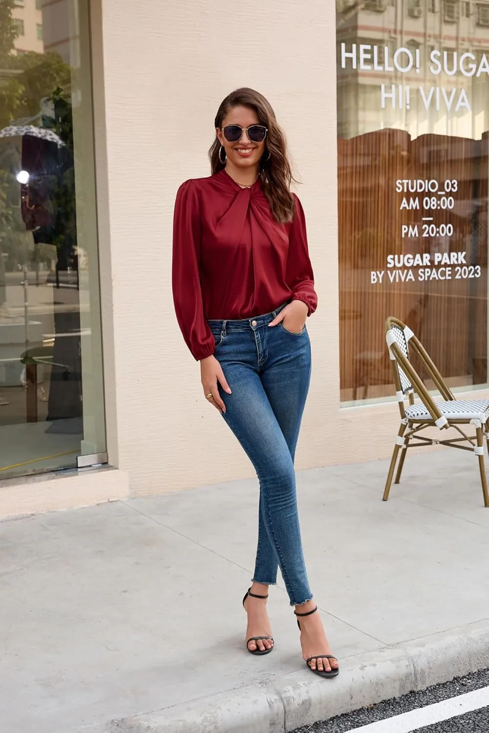 GRACE KARIN Women's Long Sleeve Shirts Mock Neck Casual Satin Blouse Tops for Business Office Work