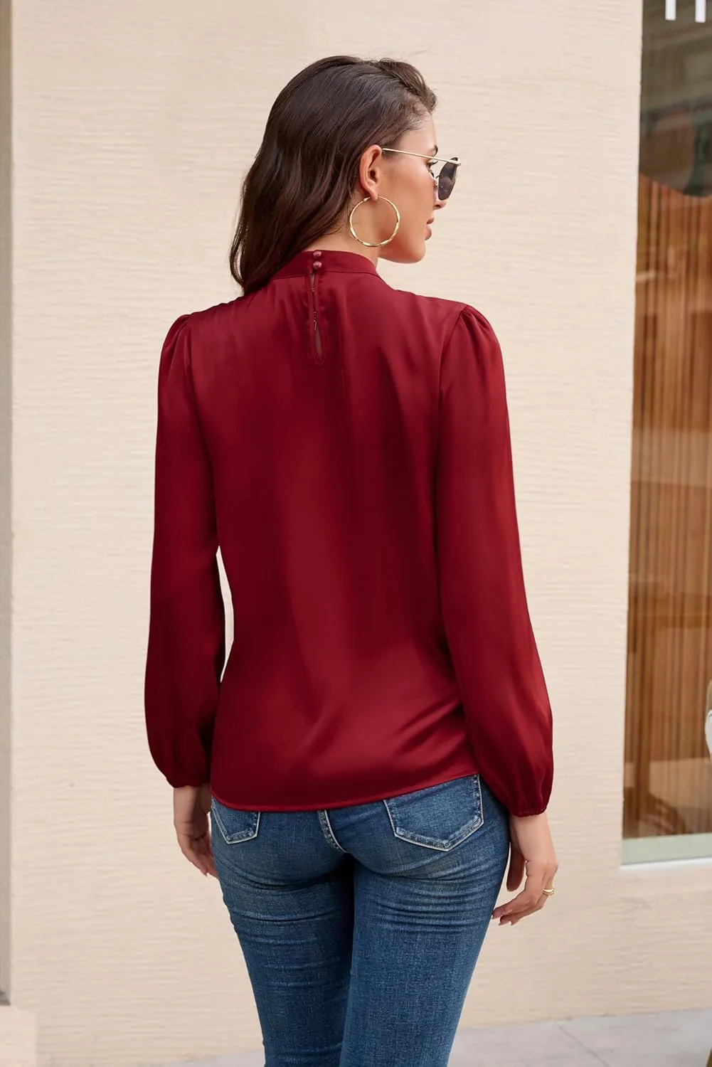 GRACE KARIN Women's Long Sleeve Shirts Mock Neck Casual Satin Blouse Tops for Business Office Work