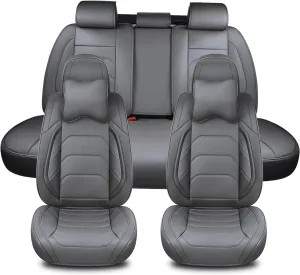 Gray Car Seat Covers Full Set, Breathable Leather Automotive Front and Rear Seat Covers & Headrest for Reduce The Driving Fatigue, Compatible with Most Vehicles, Cars