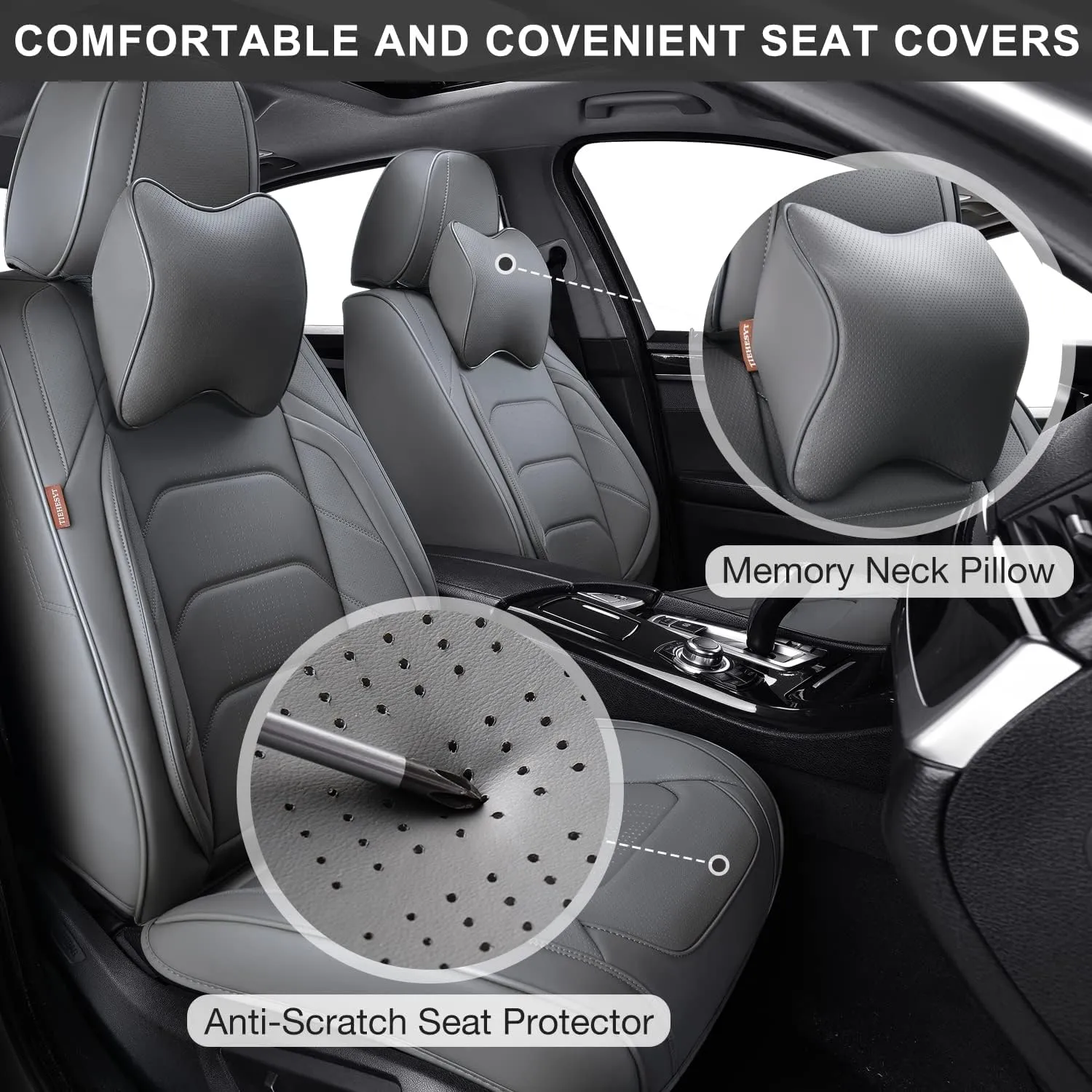 Gray Car Seat Covers Full Set, Breathable Leather Automotive Front and Rear Seat Covers & Headrest for Reduce The Driving Fatigue, Compatible with Most Vehicles, Cars