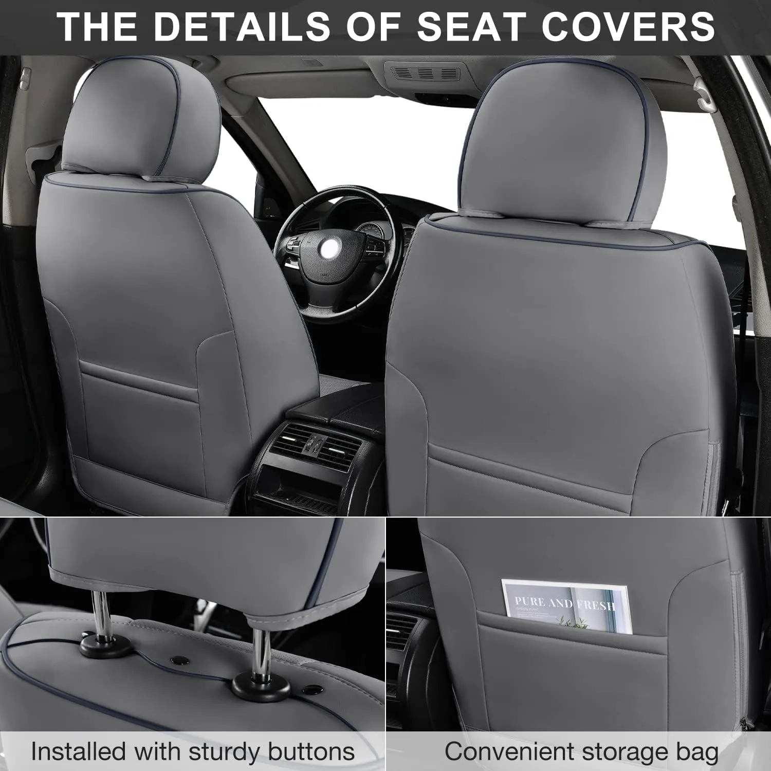 Gray Car Seat Covers Full Set, Breathable Leather Automotive Front and Rear Seat Covers & Headrest for Reduce The Driving Fatigue, Compatible with Most Vehicles, Cars