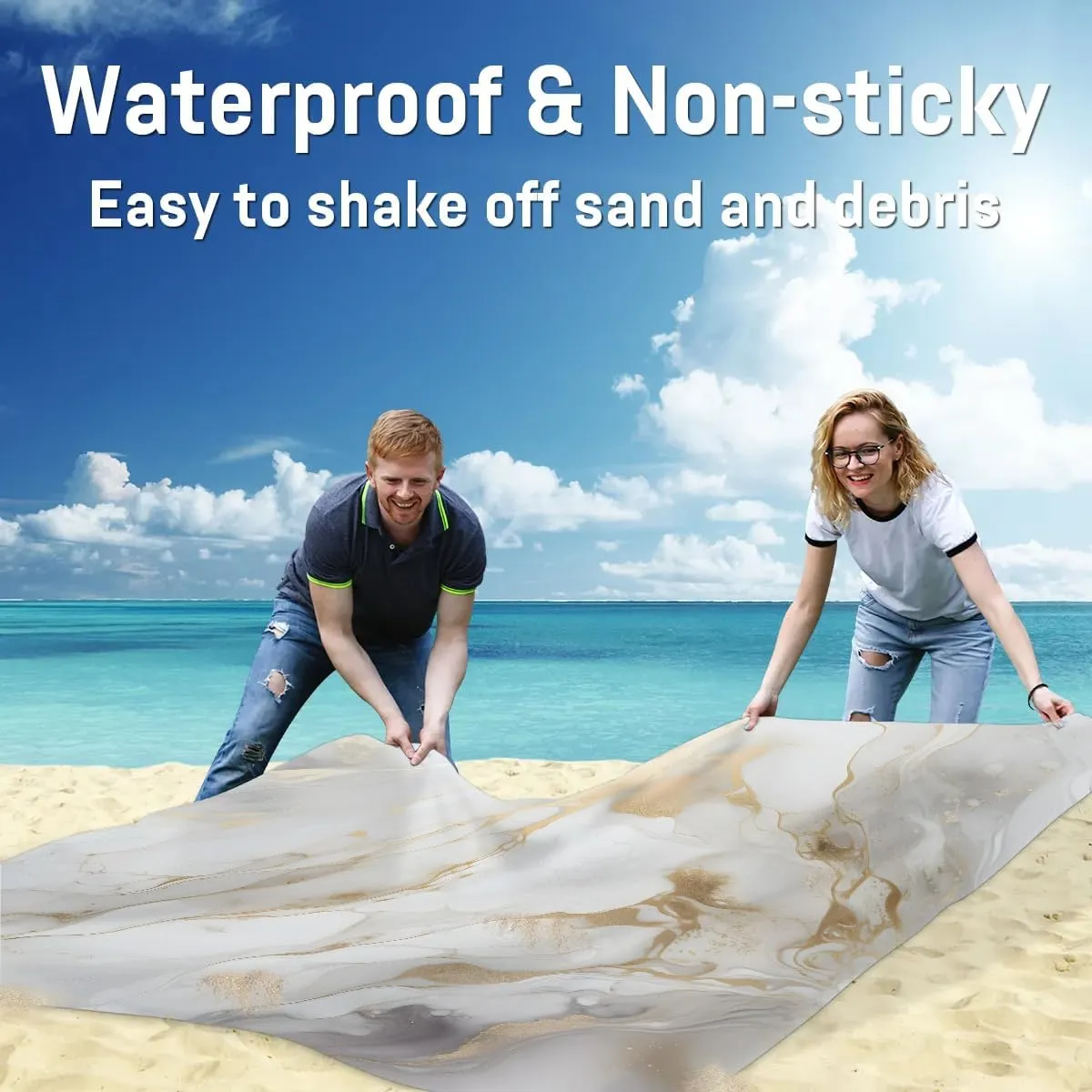 Gray Gold Marble Beach Blanket, Sandproof Beach Mat, 68 x 59 Waterproof Quick Drying Sand Free Mat with 4 x Ground Spikes for Outdoor Travel Camping Hiking, Marble Pattern