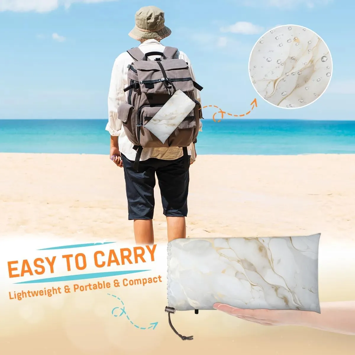 Gray Gold Marble Beach Blanket, Sandproof Beach Mat, 68 x 59 Waterproof Quick Drying Sand Free Mat with 4 x Ground Spikes for Outdoor Travel Camping Hiking, Marble Pattern