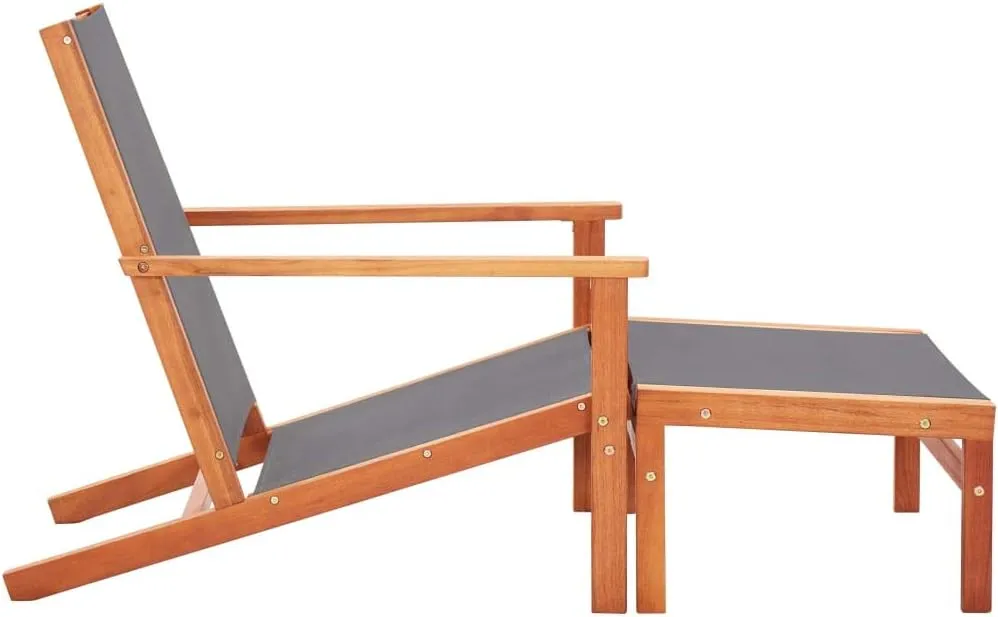 Gray Patio Chair with Footrest Solid Eucalyptus Wood and Textilene Outdoor Lounge Chair for Garden Backyard Poolside