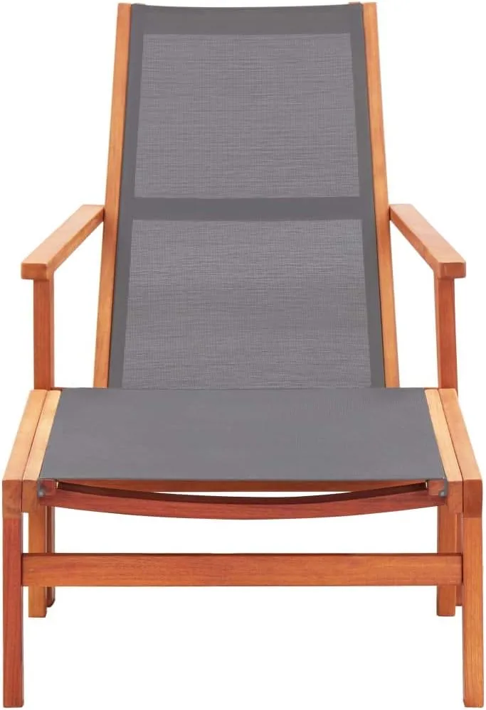 Gray Patio Chair with Footrest Solid Eucalyptus Wood and Textilene Outdoor Lounge Chair for Garden Backyard Poolside