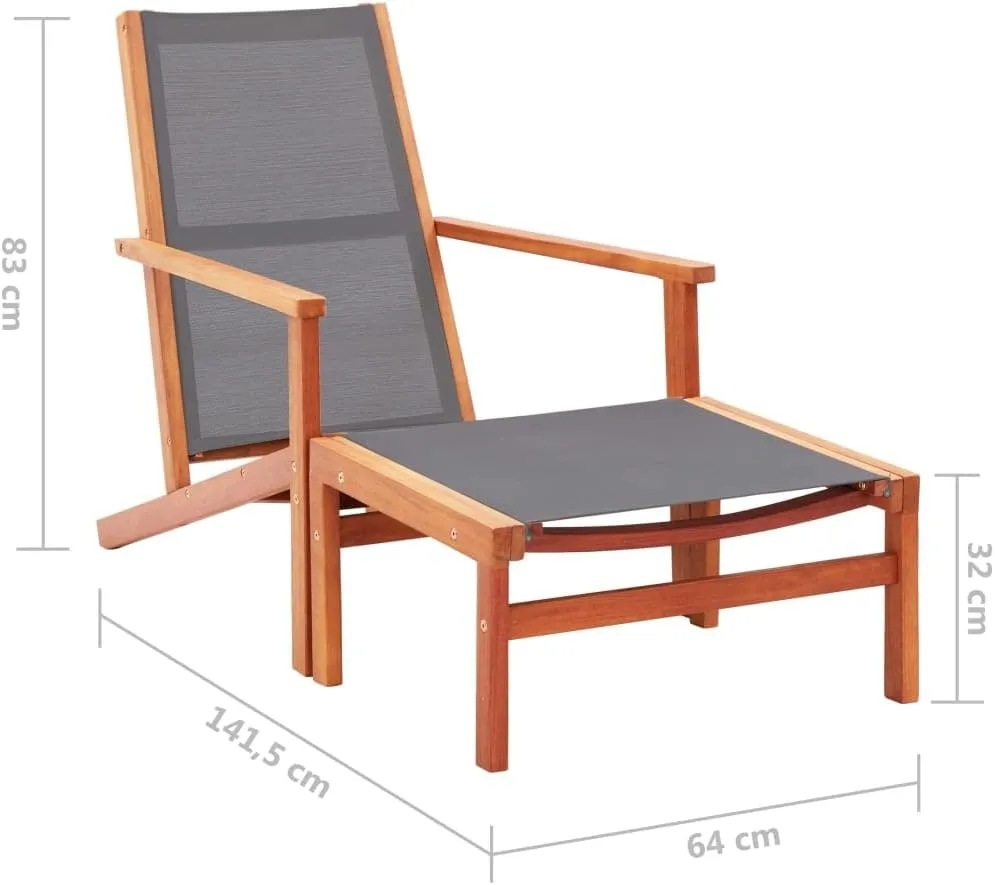 Gray Patio Chair with Footrest Solid Eucalyptus Wood and Textilene Outdoor Lounge Chair for Garden Backyard Poolside