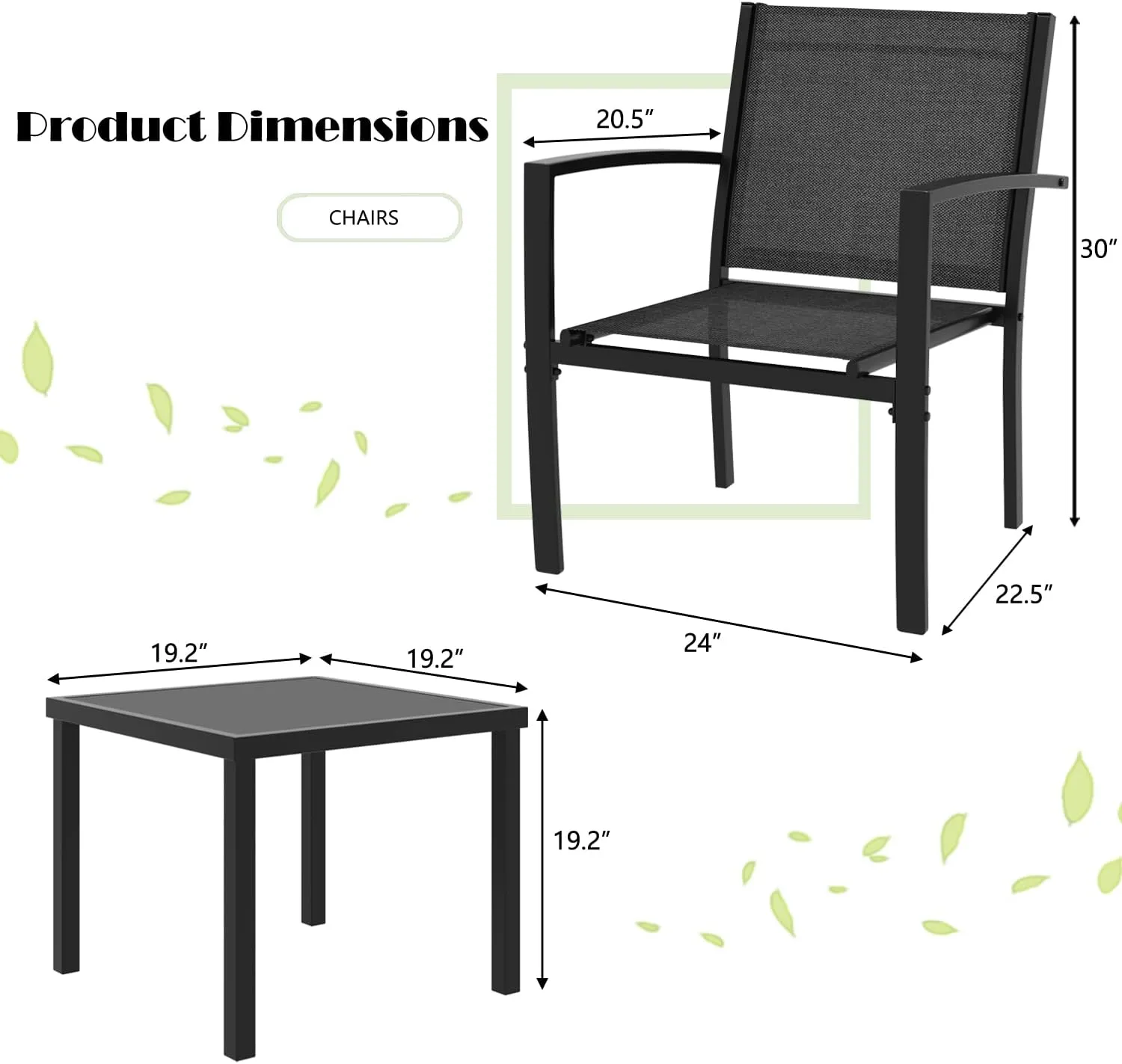 Greesum 3 Pieces Patio Furniture Set Outdoor Conversation Textilene Fabric Chairs for Lawn, Garden, Balcony, Poolside with A Glass Coffee Table, Black
