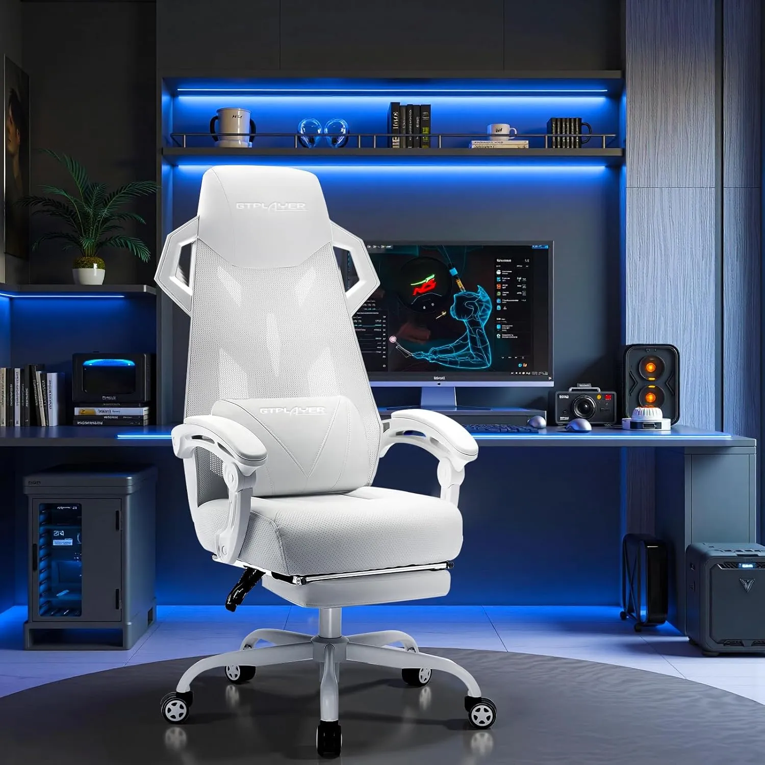 GTPLAYER Gaming Chair, Computer Chair with Mesh Back, Ergonomic Office Chair with Footrest, Reclining Game Chair with Adjustable Headrest and Lumbar Support for Gaming and Office (White)