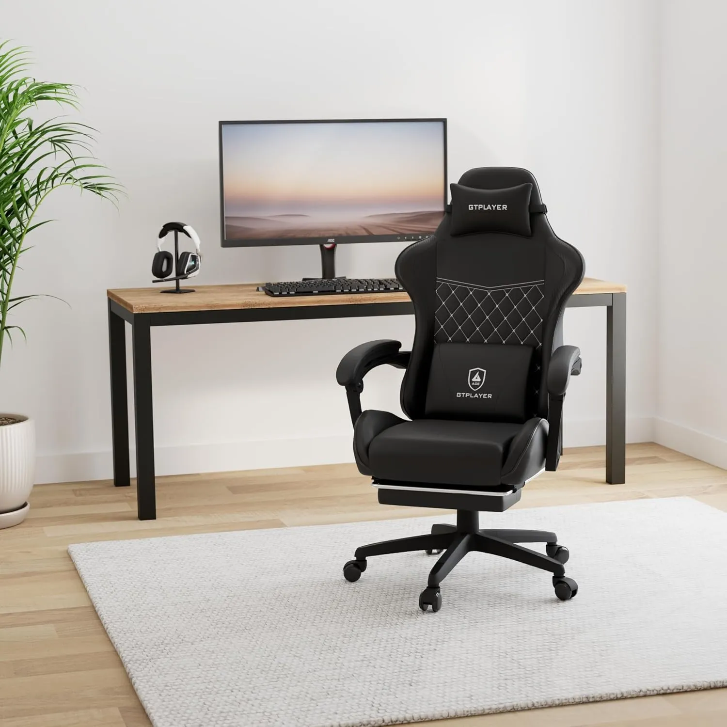 GTPLAYER Gaming Chair, High Back Leather Computer Gaming Chair with Footrest, Ergonomic Height Adjustable Office Chair with Removable Cover and Lumbar Support for Gaming and Work (Black)